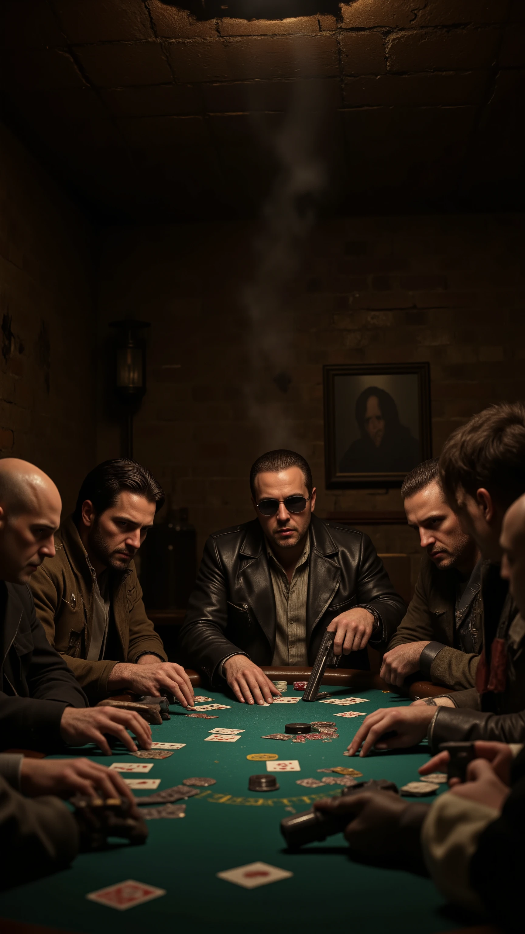 highdefinition picture、underground brick casino、Men hanging out at poker、cards and handguns on the table