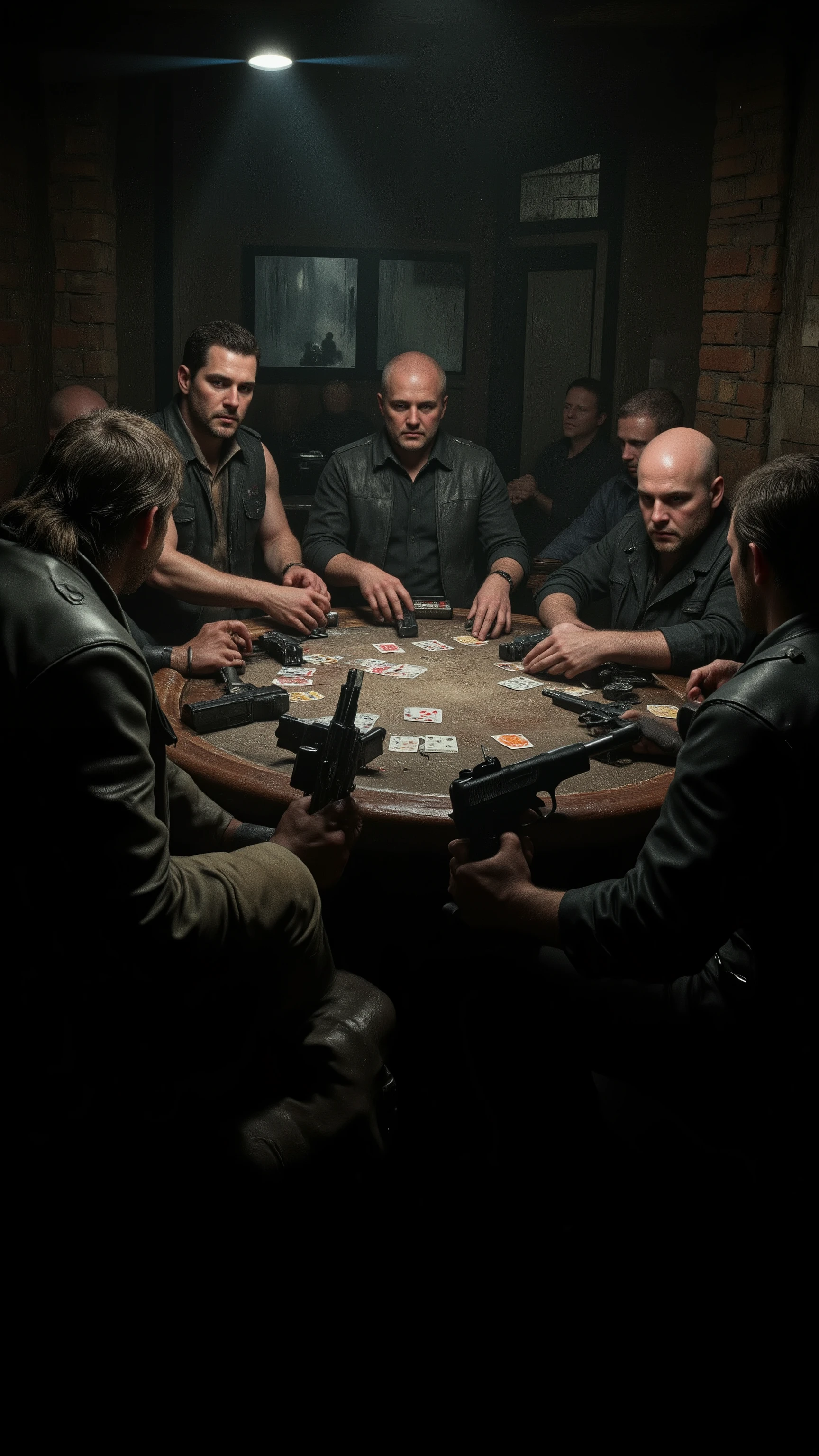 highdefinition picture、underground brick casino、Men hanging out at poker、cards and handguns on the table