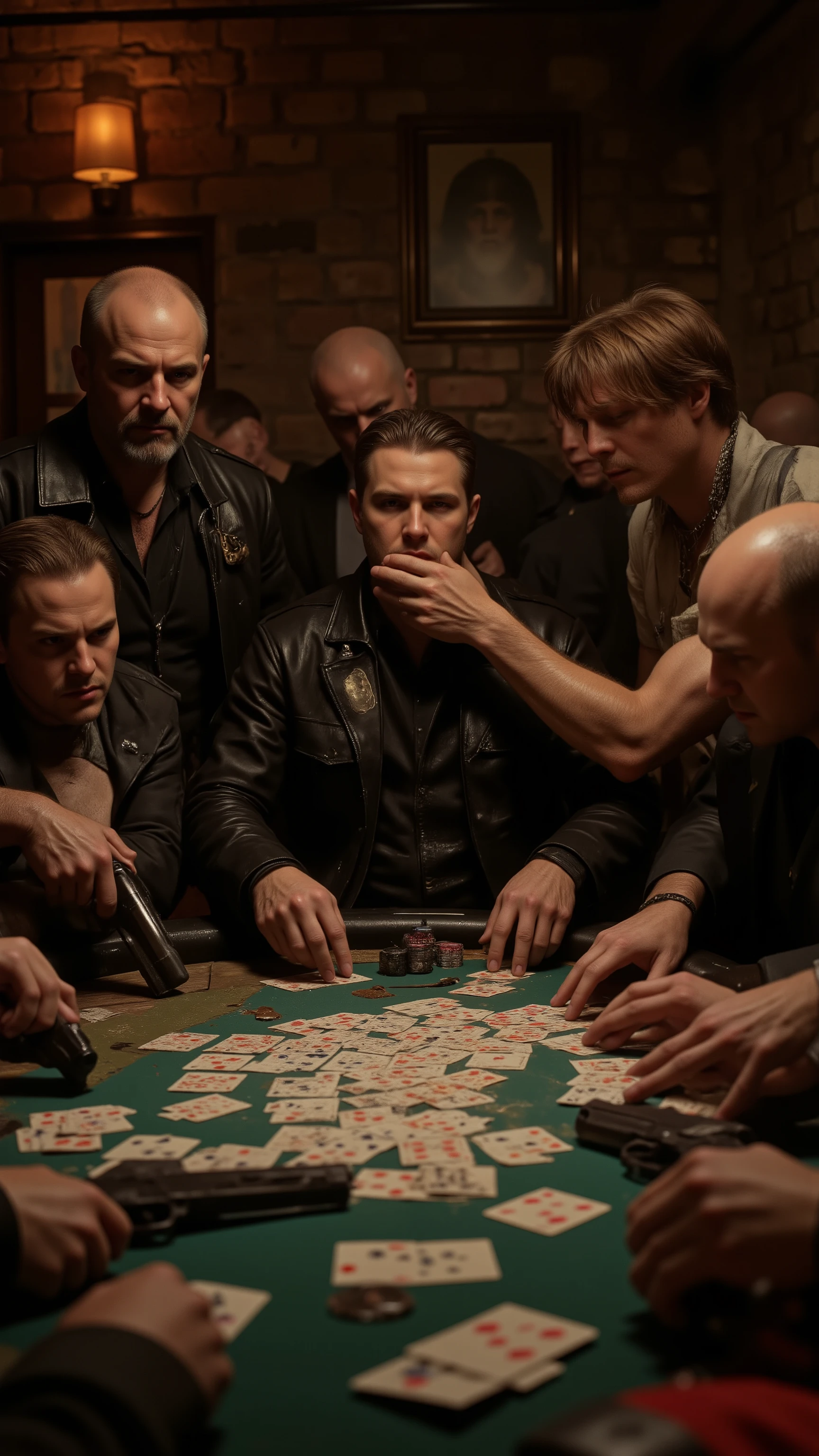 highdefinition picture、underground brick casino、Men hanging out at poker、cards and handguns on the table