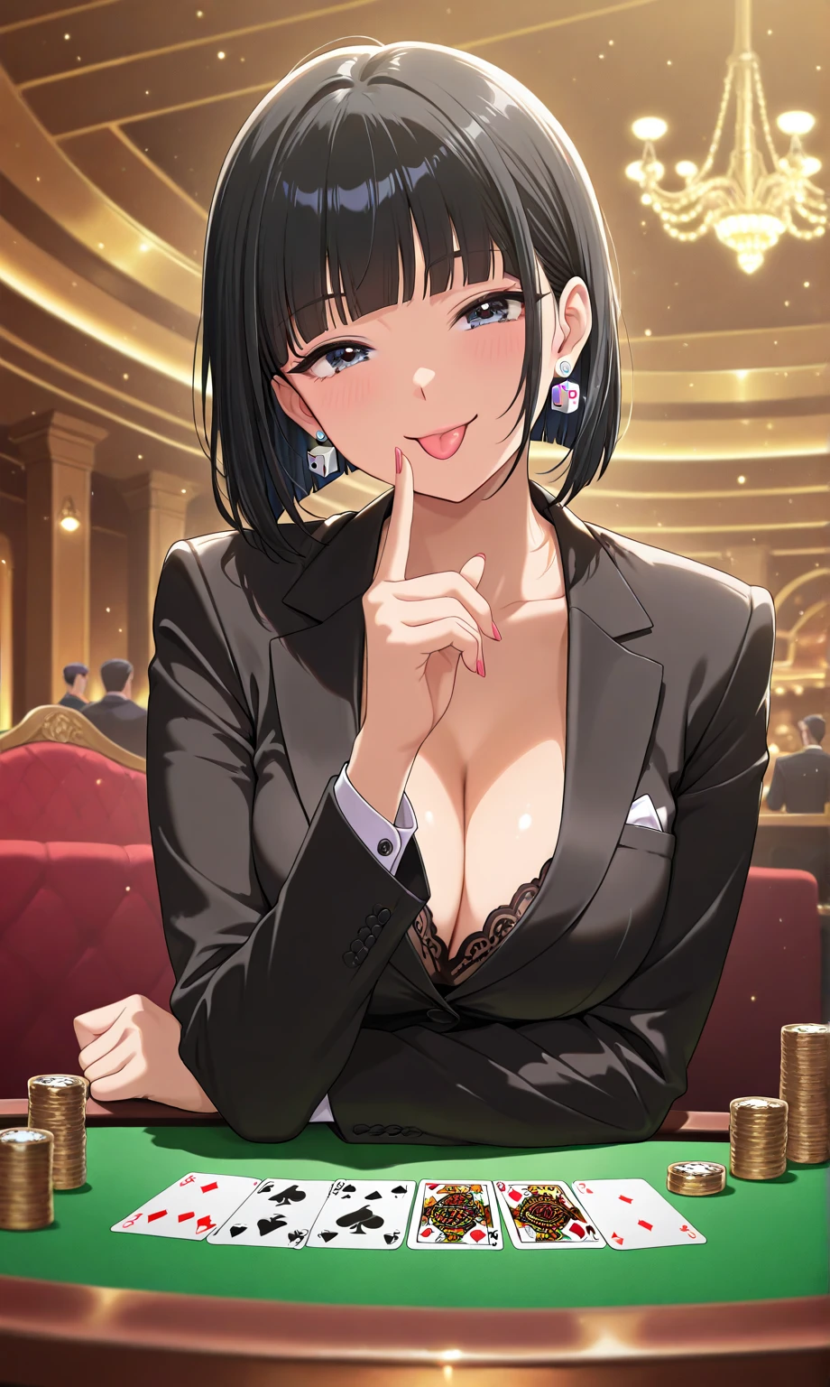 One Woman、casino、大規模なcasino場、dealer、女dealer、Large crowd、beautiful girl, Highest quality,  Black Pantyhose、Black vest、casinodealer、Tight Skirt、panties under pantyhose、poker、Stand with your legs spread、Thick thighs、Big 、Big Ass、Short Hair、Sweaty body、Angle from directly below、Sweaty crotch、Sit at the table、Cut the cards、Orgasmic face、Dirty sound effects、Ecstasy in a flashy way、目の前にLarge crowd、casinoのルーレット、casinoのスロット、Jackpot、Rubbing playing cards against one's 