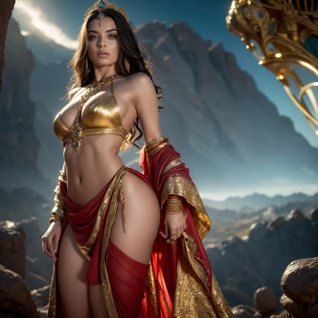 The prompt: "princess of Mars, intricate details, intricate gold jewelry, athletic and fit body, slutty, perfect hands, detailed hands, perfect eyes, detailed eyes, flirty, , realistic, HDR, UHD, dynamic" Stable Diffusion prompt: "princess of Mars, intricate details, intricate gold jewelry, athletic and fit body, slutty, perfect hands, detailed hands, perfect eyes, detailed eyes, flirty, , realistic, HDR, UHD, dynamic, oil painting, flowing red gown, vibrant colors, cosmic tattoos, glowing aura, fiery landscapes, captivating gaze, alluring charm, hypnotic atmosphere, celestial crown, radiant sunlight, intricate facial features, shimmering body jewelry, majestic presence, ethereal beauty, powerful aura, goddess-like elegance, otherworldly landscapes, striking pose, intense passion, alluring shadows,  allure, seamless blending of humanity and Martian heritage, evocative lighting, compelling gaze, sensuous curves, exquisite craftsmanship, divine femininity, transcendent allure, immortal grace, enigmatic beauty, mesmerizing radiance, awe-inspiring scenery, spellbinding energy, intoxicating blend of strength and vulnerability."