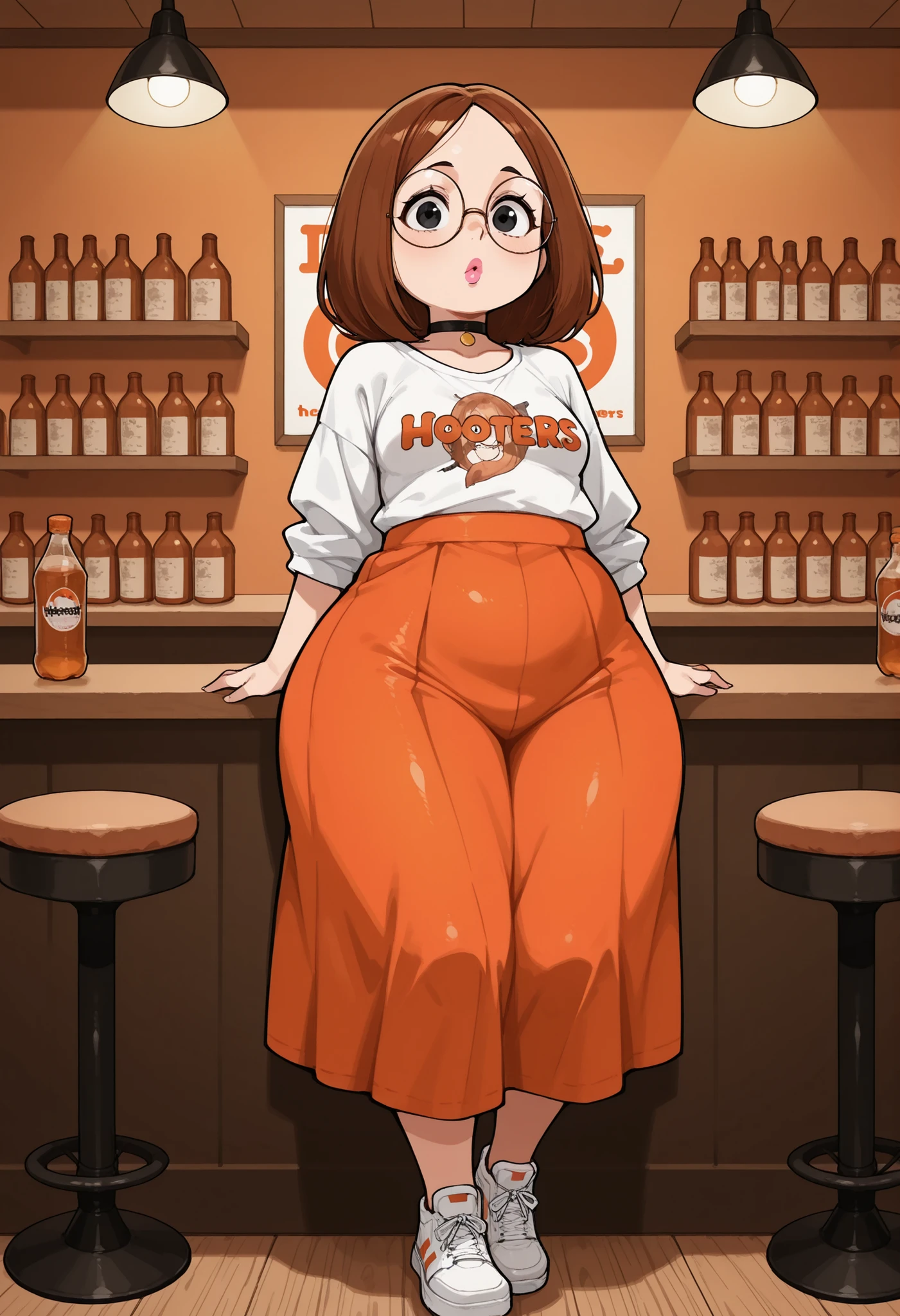 Meg Griffin. pink lips, brown hair. medium hair . black eyes . small breasts, huge hips . chubby. choker . | A lively Hooters-style sports bar interior, warmly lit with neon orange and amber tones. The space is filled with wooden tables, high bar stools, and large flat-screen TVs showing sports games on the walls. The bar counter is polished and glowing under hanging lights, with bottles and glasses neatly arranged behind it. The atmosphere feels energetic but cozy, with a sense of fun and nostalgia. The walls feature framed sports memorabilia, neon signs, and posters. The environment looks perfectly set up for visitors â friendly, casual, and full of detail â but no people are currently present, leaving only the inviting ambiance of the bar itself. Hooters-style sp0rts b4r, Masterpiece,best quality,hi res,8k,(sharp focus, intricate, highly detailed), shirt with rolled-up sleeves, long skirt, puffy skirt, sneaker