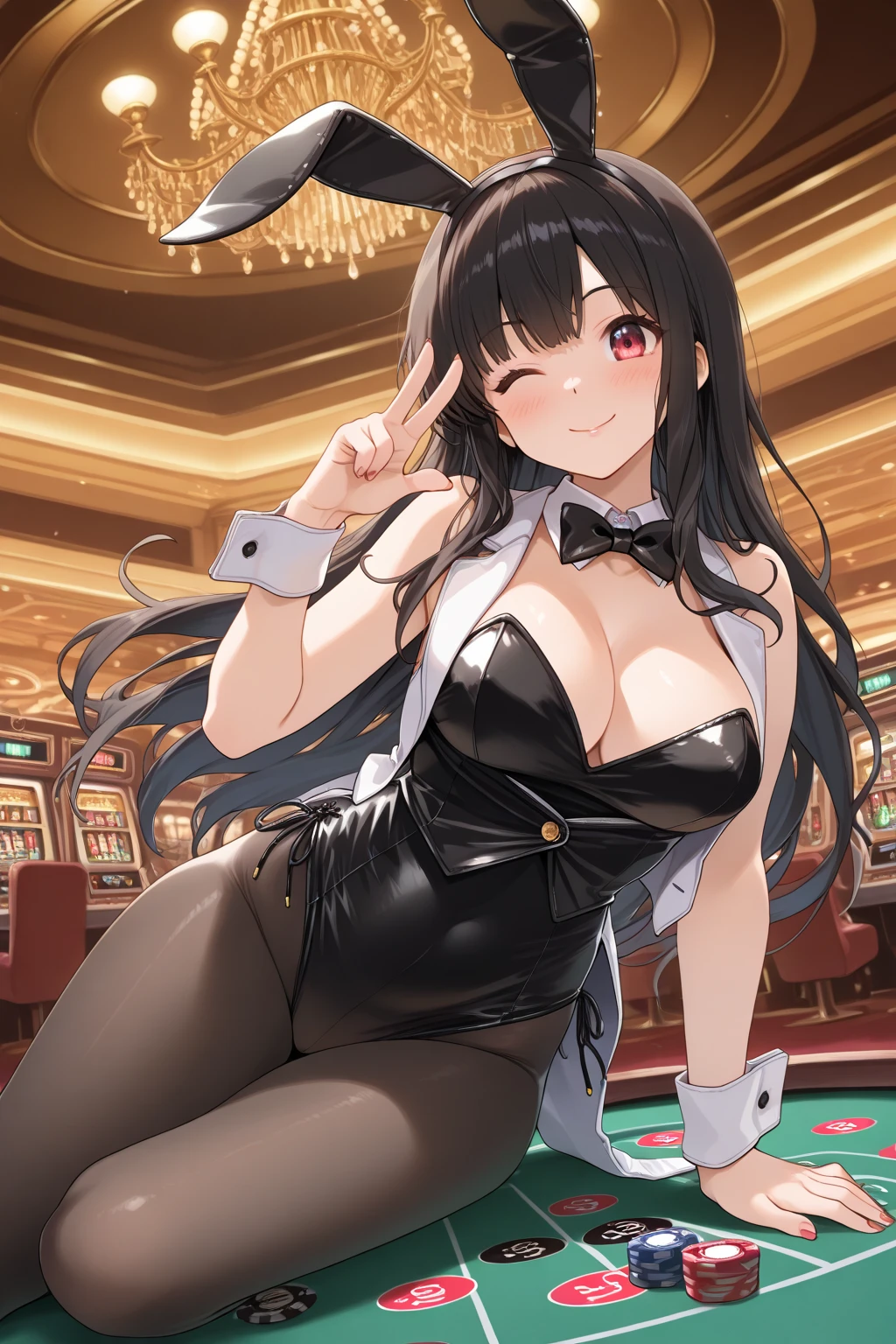 black hair,masterpiece,best quality,highres,ultra-detailed,aashizue,yellow eyes quality,highres,ultra-detailed,aashizue,,(facial mark:0.8),long hair,rabbit ears,playboy bunny,casino,holding tray,embarrassed,blush,standing,
