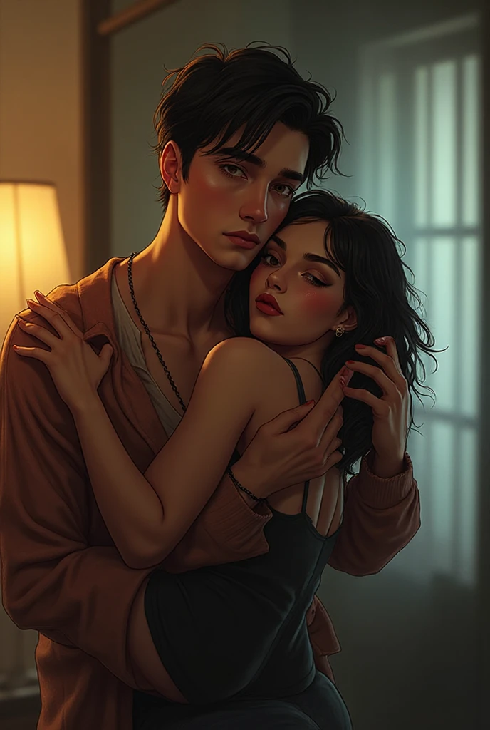 1 man close to the woman, cabelos pretos longo, fundo floresta (atmosfera medieval), (realista), (obra prima), (sentados na grama) a mulher tem cabelo preto comprido!