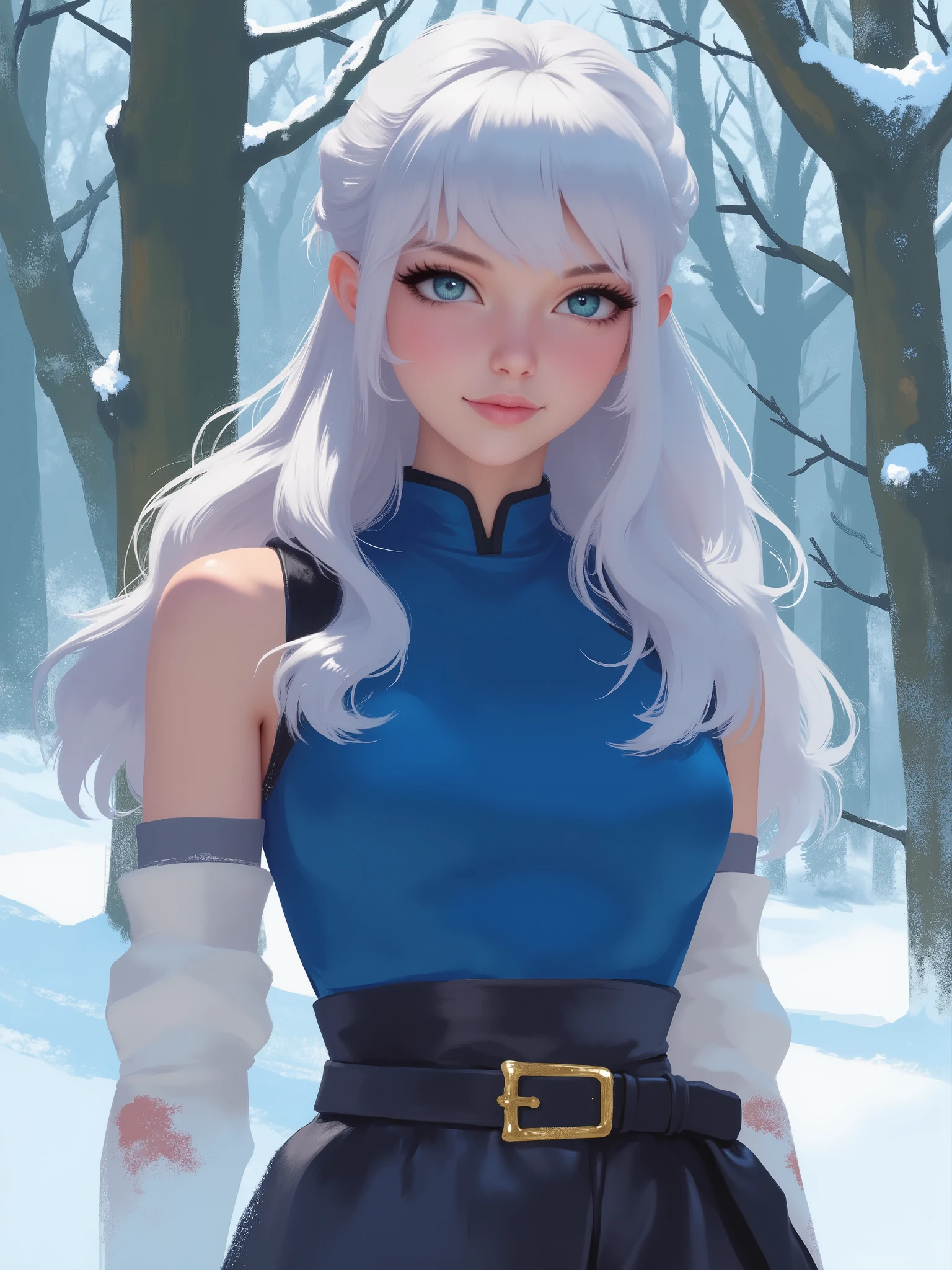 sr3fmj, brush strokes, stylized illustration, realistic cartoon, marinette Dopanchan, A very beautiful and cute 22 year old woman. Slight smile, long hair, deep gaze, blue eyes, western eyes, detailed blue eyes, beautiful eyes, natural pink lips, thin lips, detailed lips, beautiful lips, clear face, christmas hat. Fair skin, perfect body, very feminine body, well-formed thighs, perfect proportions, perfect thighs, perfect anatomy, anatomical correct. Saxon blue medieval fitted sleeveless t-shirt, jet-black medieval style leather paladin pants, golden medieval style leather belt. Half body view, cowboy shot, RAW, standing, full body view, looking at the viewer, dynamic pose, graceful pose, relaxed pose, view frontal. Bright lighting, vibrant colors, colorful, sharp foreground, clear image, sharp focus, soft depth of field, blurry background, bokeh background. Masterpiece, best quality, high resolution, top quality, high quality, UHD, 16k quality, no blur, film grain. The background is a snowy forest with only three snow-covered trees.