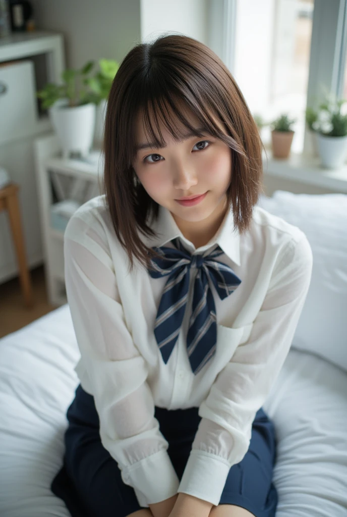 One pretty woman、(Raw photography:1.2)、(Photorealsitic:1.4)、The beauty of beautiful details、and delicate  expressions、(( are visible))、(crouching down)、Mansuji in 、Has fine, expressive eyes、Ridiculous、Incredibly ridiculous、ultra-detailliert、hight resolution、Transcendent beauty、top-quality、​masterpiece、((Japan school uniform))、Very detailed expression、Smaller chest、finely detail、Highly detailed face movie lighting、30-year-old girl、a baby face、front facing、(((dynamicposes)))、((Sitting on legs with bent knees))、tight skirts、Sexy upper eyes、A smile