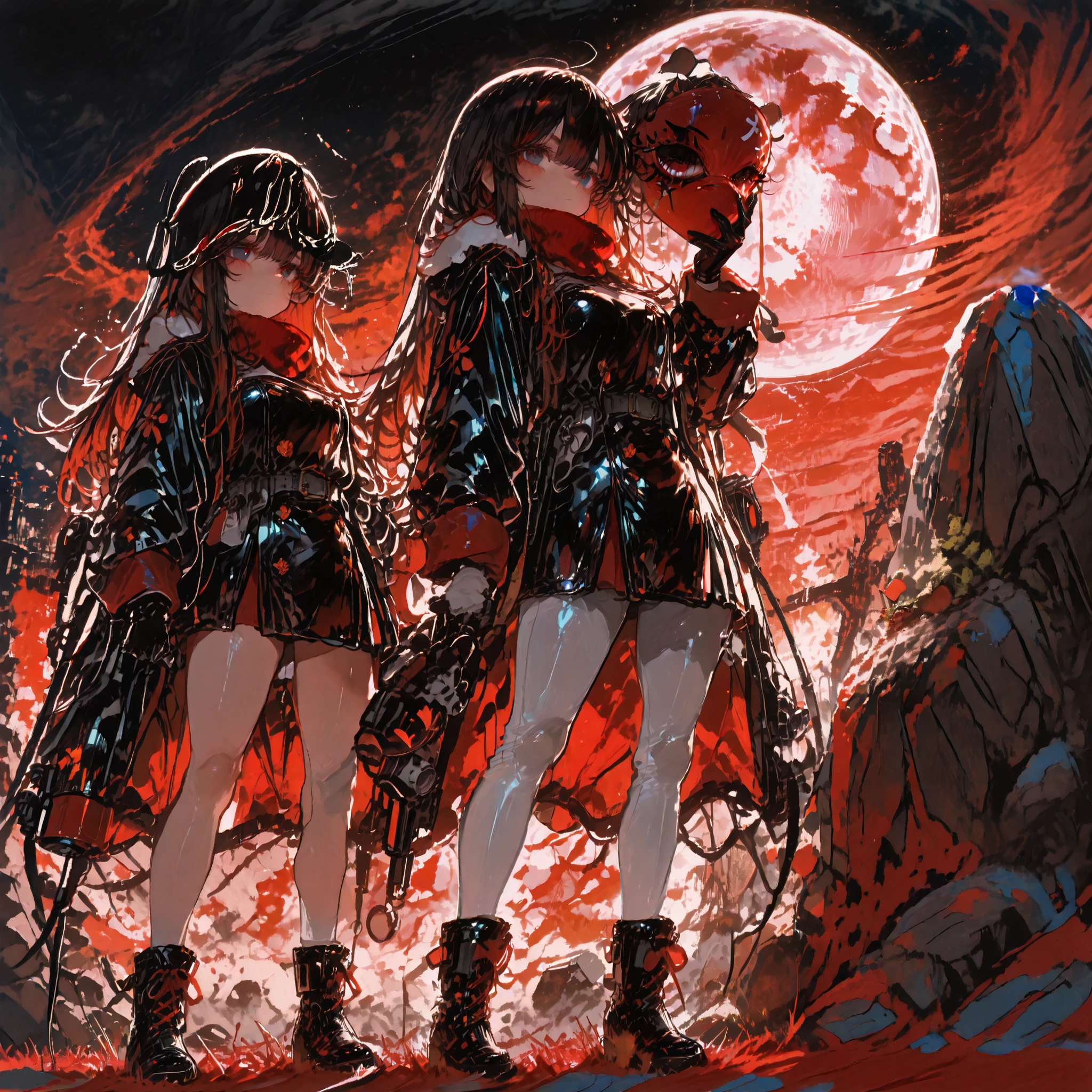 best quality,High Quality,Super-resolution,Duo,womanhood,Yozakura-san's Big Strategy,Hololive,Vtuber,tall（195 cm or more）,boob size is bigger than g cup,Big Breasts,red and black hair,long hair,hair grow over 2 meters,Blue and black eyes,Odd eyes,Fully armed ,main colors are black and red,machine red mask,rubber suit in red,Red neck warmer,black and red boots,white tights,black gloves,machine black and red mask,black and red coat,background is black night sky,Moon,On the rock,is standing,standing picture in meadow,I hate you,is staring at me,