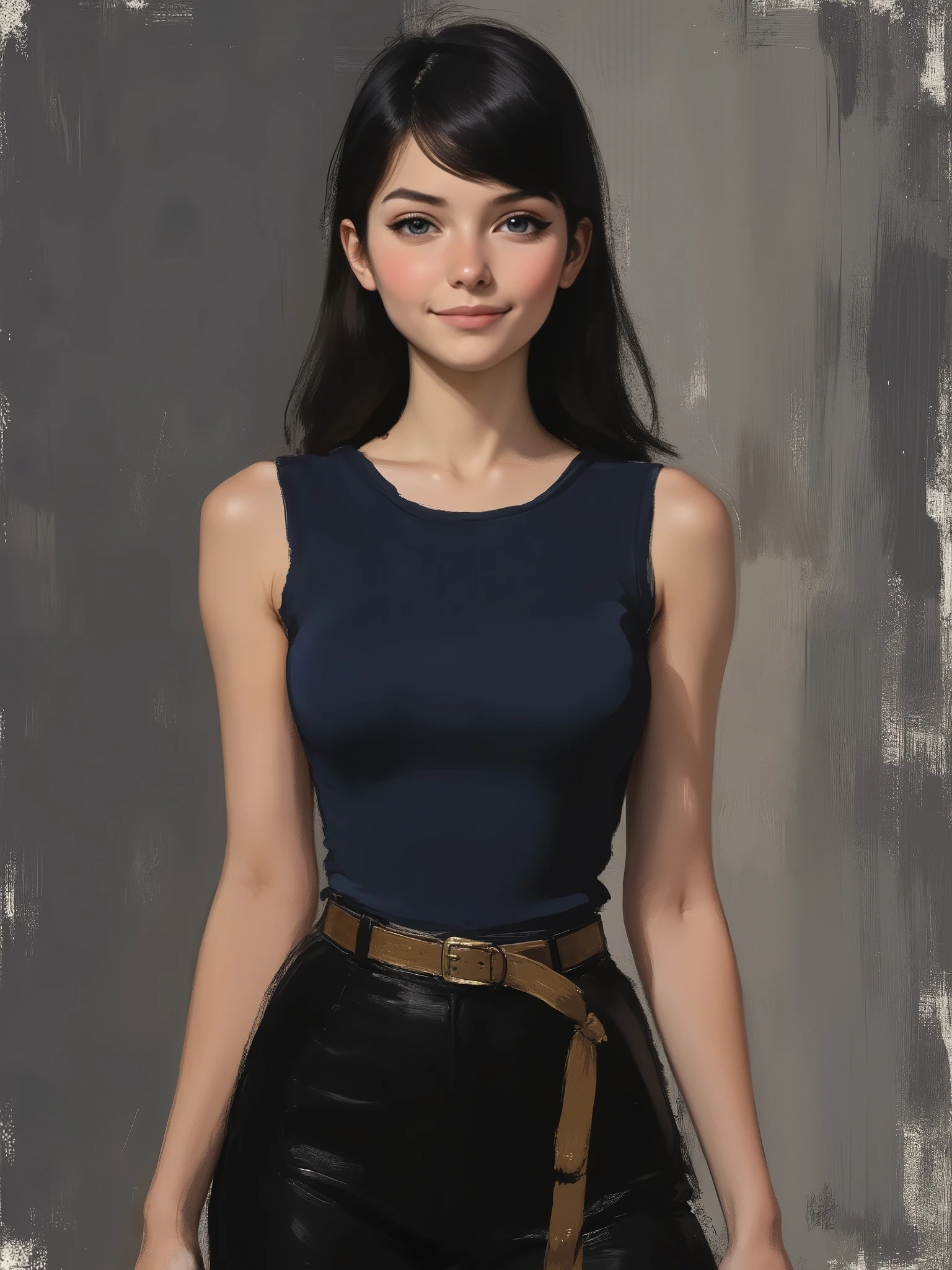 sketch painting, marinette Dopanchan, cartoony anime, A very beautiful and cute 22 year old woman. Slight smile, long hair, deep gaze, blue eyes, western eyes, detailed blue eyes, beautiful eyes, natural pink lips, thin lips, detailed lips, beautiful lips, clear face. Fair skin, perfect body, very feminine body, well-formed thighs, perfect proportions, perfect thighs, perfect anatomy, anatomical correct. Dark_blue medieval fitted sleeveless t-shirt, jet-black medieval style leather paladin pants, golden medieval style leather belt. Half body view, cowboy shot, RAW, standing, full body view, looking at the viewer, dynamic pose, graceful pose, relaxed pose, view frontal. Bright lighting, vibrant colors, colorful, sharp foreground, clear image, sharp focus, soft depth of field, blurry background, bokeh background. Masterpiece, best quality, high resolution, top quality, high quality, UHD, 16k quality, no blur, film grain. The background is dark_gray and painted with expressive, visible textures using dynamic brushstrokes and strokes that add depth and movement. The paint covers only the area just behind the subject. The outer edges of the image with jet-black margins, as if the background had been painted with a brush and with expressive and visible textures using dynamic brushstrokes and strokes fading toward the edges creating a modern and artistic vignette effect.