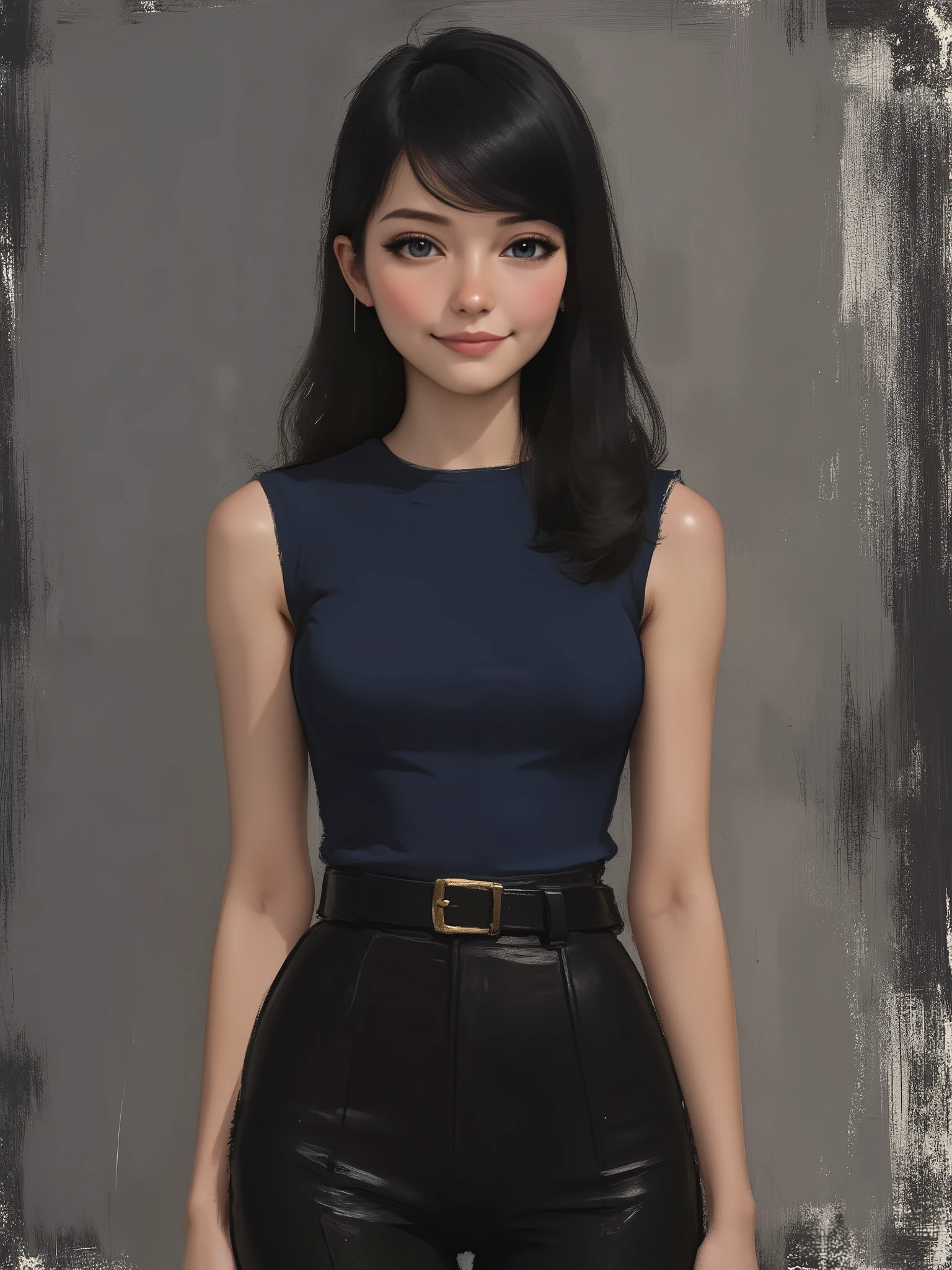 sketch painting, marinette Dopanchan, cartoony anime, A very beautiful and cute 22 year old woman. Slight smile, long hair, deep gaze, blue eyes, western eyes, detailed blue eyes, beautiful eyes, natural pink lips, thin lips, detailed lips, beautiful lips, clear face. Fair skin, perfect body, very feminine body, well-formed thighs, perfect proportions, perfect thighs, perfect anatomy, anatomical correct. Dark_blue medieval fitted sleeveless t-shirt, jet-black medieval style leather paladin pants, golden medieval style leather belt. Half body view, cowboy shot, RAW, standing, full body view, looking at the viewer, dynamic pose, graceful pose, relaxed pose, view frontal. Bright lighting, vibrant colors, colorful, sharp foreground, clear image, sharp focus, soft depth of field, blurry background, bokeh background. Masterpiece, best quality, high resolution, top quality, high quality, UHD, 16k quality, no blur, film grain. The background is dark_gray and painted with expressive, visible textures using dynamic brushstrokes and strokes that add depth and movement. The paint covers only the area just behind the subject. The outer edges of the image with jet-black margins, as if the background had been painted with a brush and with expressive and visible textures using dynamic brushstrokes and strokes fading toward the edges creating a modern and artistic vignette effect.