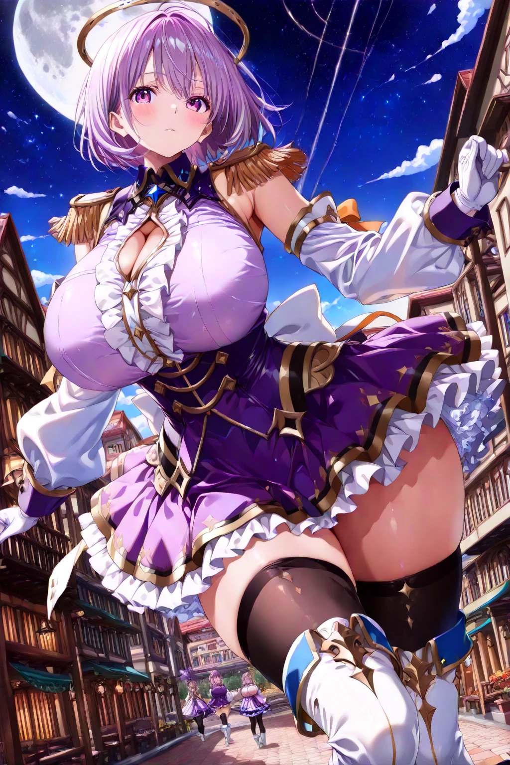 masterpiece, Highest quality, High resolution, male, short hair, Hello, Red eyes, , Cleavage, Epaulettes, White gloves, Elbow hand pockets, Purple Skirt, Knee socks, Cowboy Shot, Are standing, Arms at your sides, Straight, street