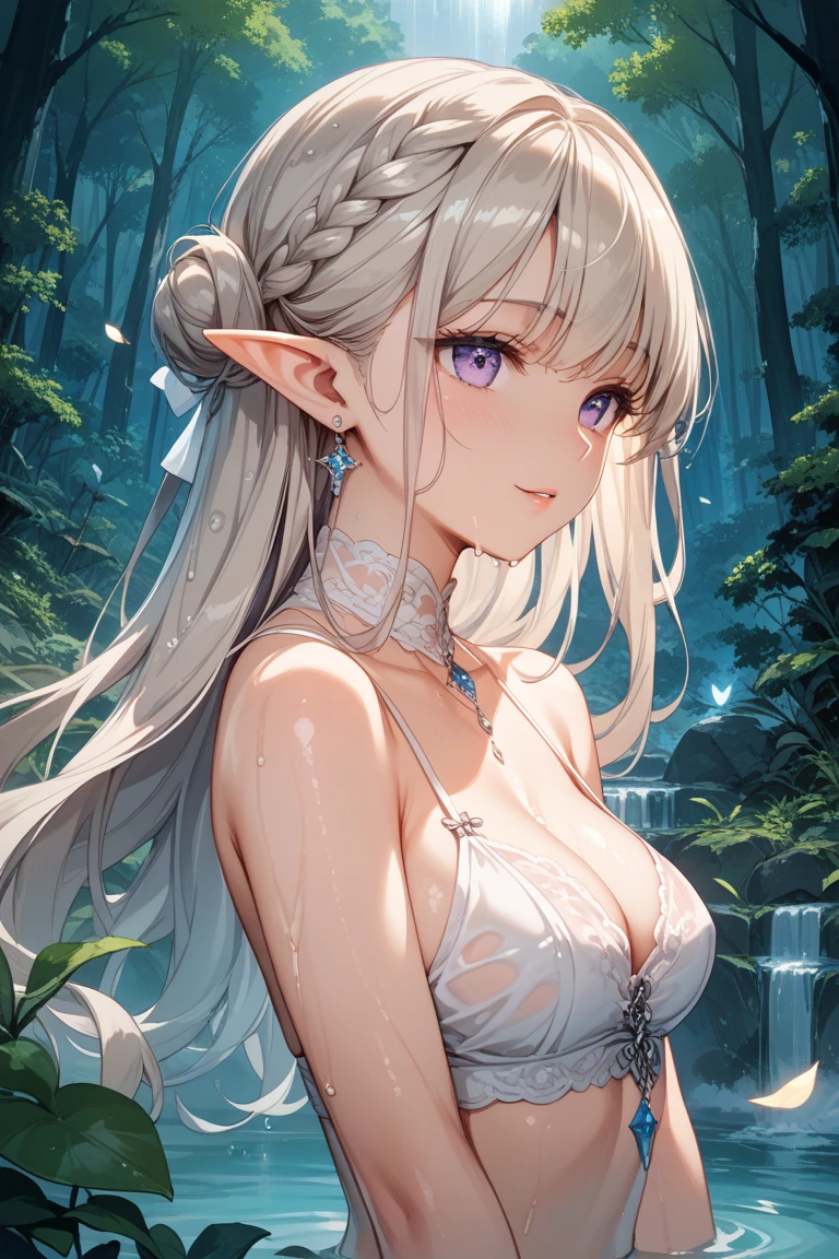 最high quality、1woman elf 、Silver Hair、bionde、、、Beautiful foam、、CourtyardShining fairy wings、E.G: Worst quality ,Flower fractal art　　、see-throughbodystocking,Beautiful side shot, radiance,High-definition depiction, Realistic, 8K, Unity, beautiful Shot, light smile, Beautifully and vividly drawn, , Beautiful, beautiful, clear skin、sexly,beautiful dress,Countless rays of light pouring down, Swirling Light, big background, Raise one arm above your head, Intense light is emitted from the magic circle in front of the girl.   forest、Lots of leaves、Green leaves、flower、Particles of light、Bedroom at night、Magic Palace、Fairy tale、
Romanticism,Cowboy Shot: The most beautiful form of chaos, Mr..々Farbe, Intertwined flowers, Particle,magical gentle light,smile,sexly,image quality、masterpiece、Beautiful Face、Super beautiful elf woman((Big breasted 22 year old office lady、、Bust 100,Beautiful long ironed hair 、bionde hair,height: 165cm。、sexly、Esbian、、high quality、、background((Star Narski)))、Starry Sky、Visual art、Written boundary depth、、Elf Ears、、universe、Happy smile、Gentle light、Elf forest、elegant、ticker beautiful decorative、、magic、forest、beautiful tiara、Beautiful bed、Beautiful Landscape、A kind smile、wonderful、Fluttering petals、Dance happily、、Cultivate fantasy、、Mystery light　Lots of flowers、、art、forest, palace, art,mystery,Ultra-high resolution,atmosphere