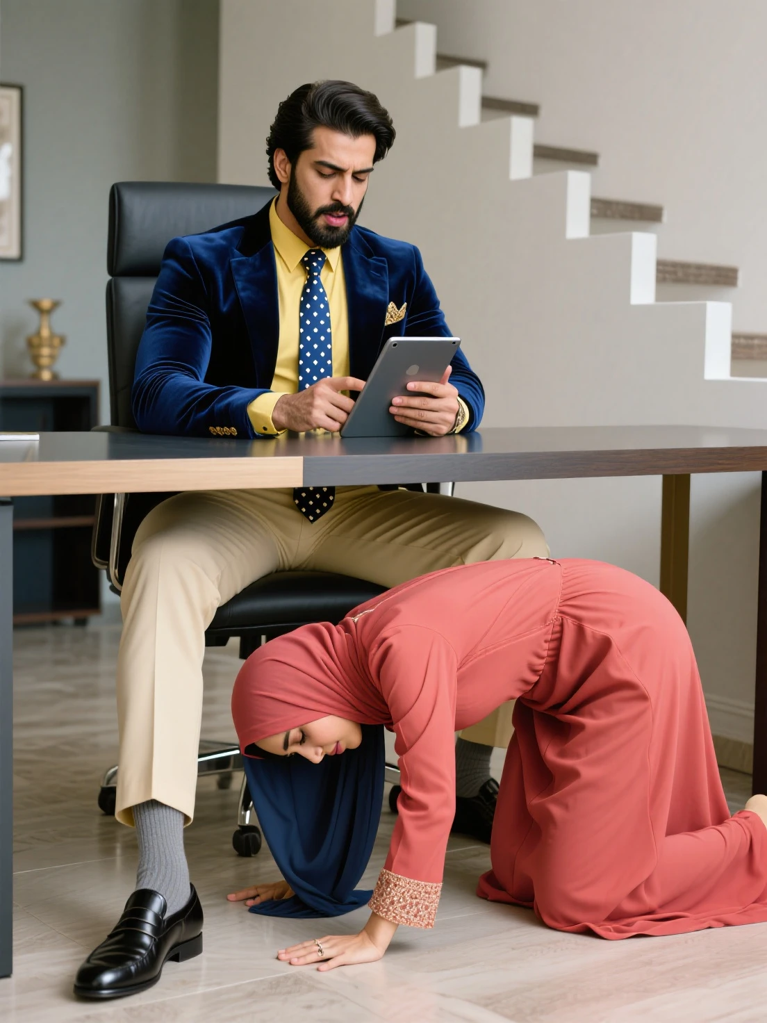 draw  please!, (double exposure), portrait,  1girl wore , hetero, 1boy with full body photo, (uper body),  boy on a chair, empty chamber, gigantic :1.2, , , , , solo focus, , folded,  , full nelson,reverse suspended congress,she is looking at viewer, (stockings) skin texture, ultra high res, RAW, instagram LUT, masterpiece, best quality, ultra-detailed, ultra high resolution, RAW, 4k, (looking at viewer), perfect body proportion, (looking at the camera), (hijab),  red lips,  (she's wearing :1.2)