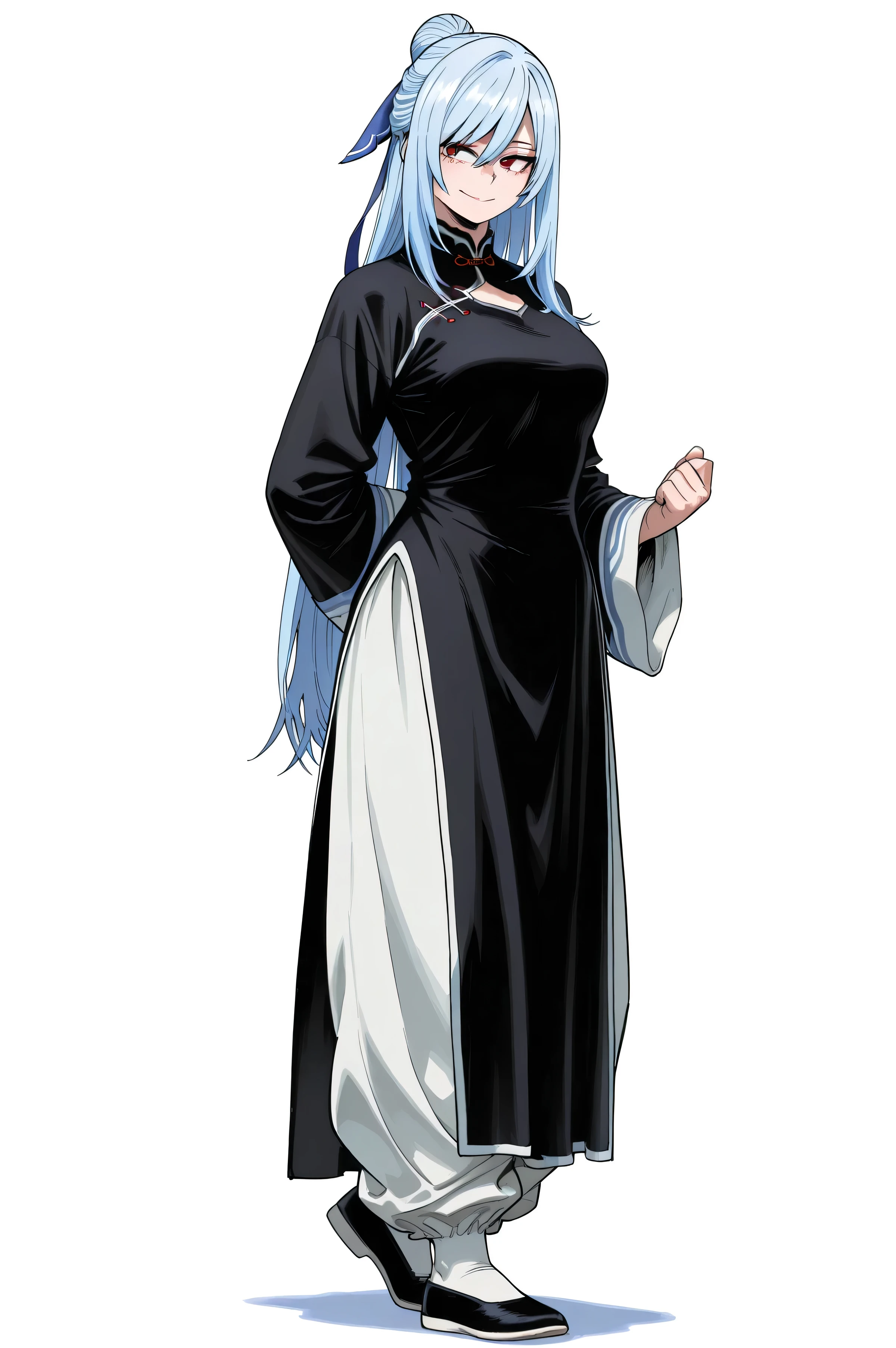 (masterpiece, detailed:1.2),Kohei Horikoshi, My Hero Academia ,boku_no_hero_academia_style,chinese clothes,KungFuUniform,score_9, score_8_up, score_7_up, gsfghtr, 1girl,  white background, mature female,  anime style, long hair, straight hair, smile, full body, kung fu baggy pants, wears a traditional kung fu dress  with white trim and white stocking, black footwear, wide sleeves, jingliu,