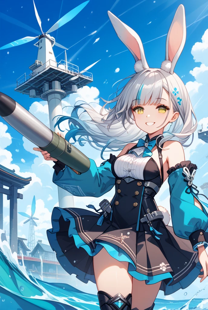 best quality, masterpiece, solo, {tenryuu_kantaicollection:1.15}, teen_girl, eyepatch, short_hair, purple_hair, yellow_eyes, headgear, breasts, necktie, large_breasts, smile, 1girl, blush, checkered_necktie, hair_over_one_eye, shirt, collared_shirt, white_shirt, jacket, sleeveless, brown_eyes, fur-trimmed_jacket, fur_trim, collarbone, looking_at_viewer, pocket, breast_pocket, grin, black_jacket, messy_hair, black_gloves, gloves, partially_fingerless_gloves,harbor_town_background,short_skirt,thigh-highs,boots,sea,sunlight,