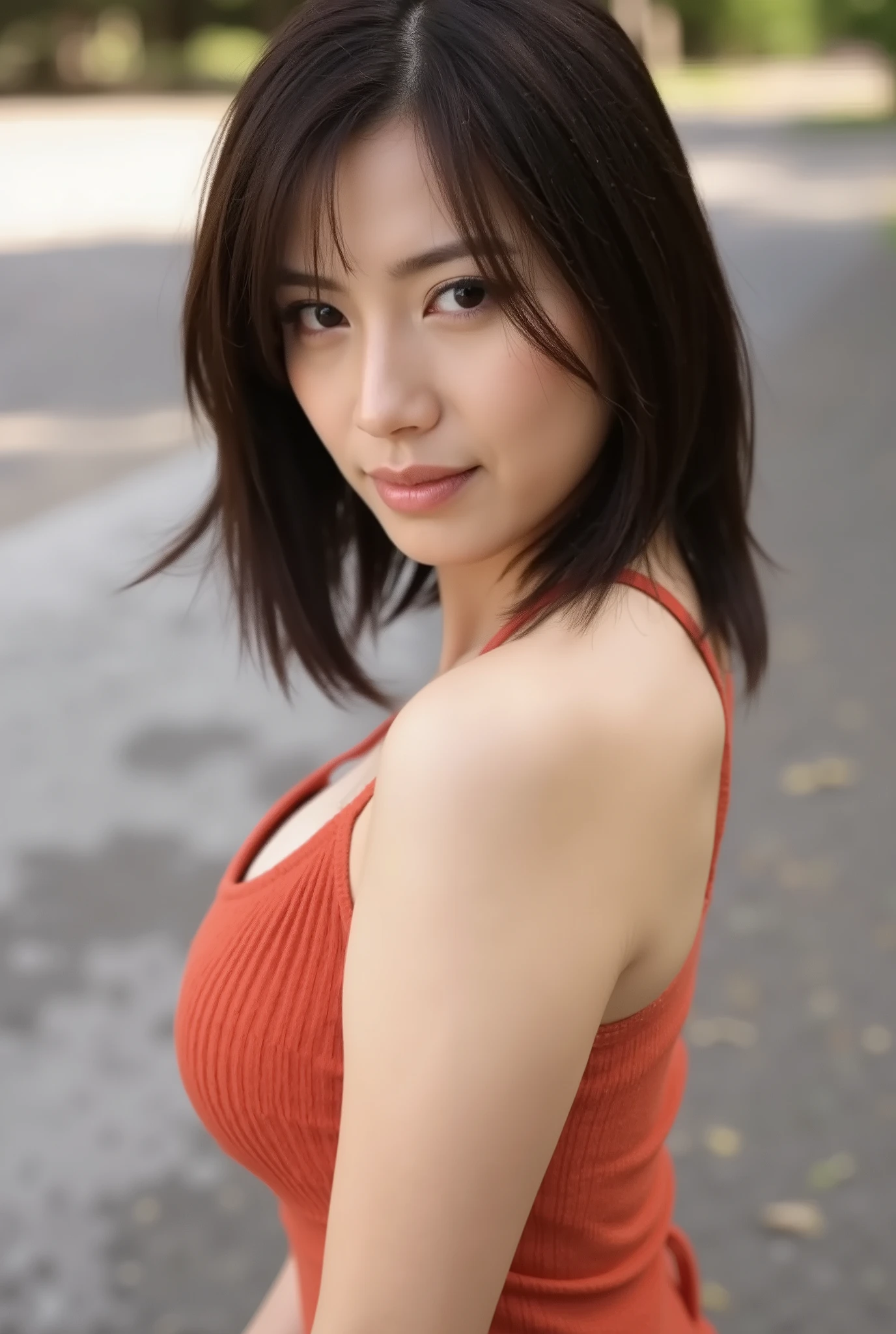 masterpiece, top quality, great quality, Newest, masterpiece, solo, 1girl, cowboy shot, closeup, 黒い髪, bob cut, Jumpsuit Down, crop top, hip hop, streetwear, big , Round, Natural , Linea Alba, skinny,  crossarms, Shoulder Forward , Head down ,  watching viewers, depth of field, 8k, absurd, High Resolution