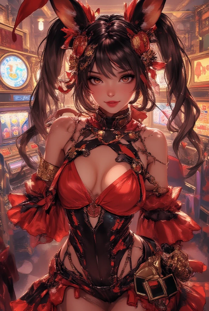 (best quality、masterpiece、high resolution)、4K animation art,(masterpiece:1.2),(best quality:1.2)),Perfect eyes,Perfect face,Perfect lighting,Fashion,masterpiece,best quality,Very detailed, 1 Girl,beautiful,cowboy_shooting,Solitary,(Looking at the audience:1.1),goggles,fire,Red Eyes