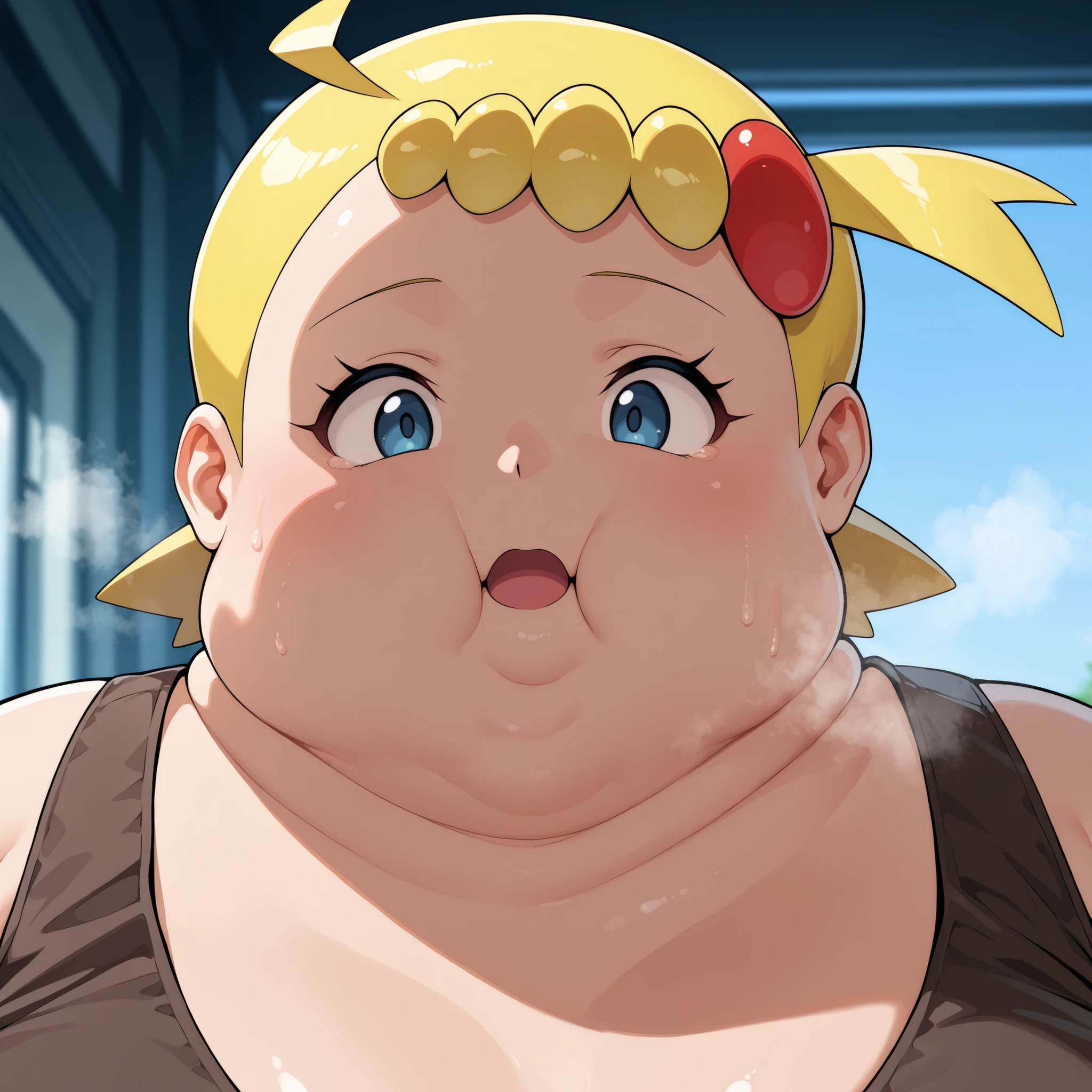 zzBonnie, bonnie_(pokemon), blue eyes, ahoge, blonde hair, hair ornament, short hair, side ponytail, masterpiece,best quality,amazing quality,bulging belly, fat, chubby, obese, open mouth, out of breath, absurdres, portrait, pov belly, straight-on, from side, swollen face, masterpiece, best quality, ultra-detailed, high resolution, 8K, fat face, wide face, 