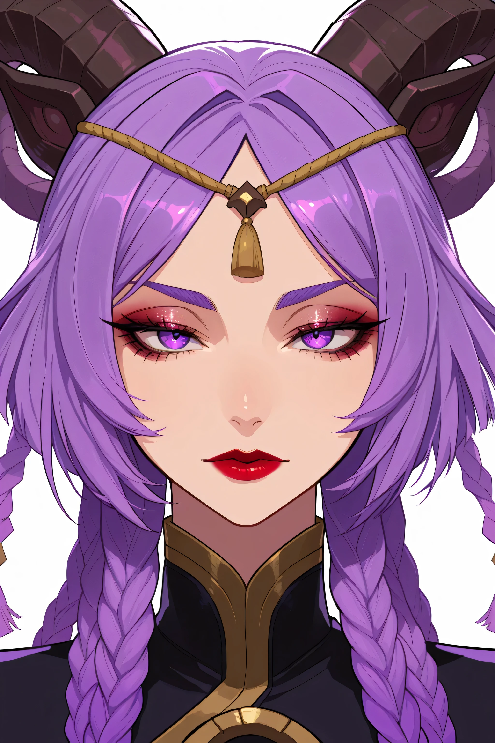 masterpiece, best quality, 1female, beautiful, portrait, deep makeup, lipstick, 1girl, yunara_ionian, purple eyes, purple hair, 4braids, multiple braids, hair tie, hair_ornament, horns, tassel, cartoon color, yunara