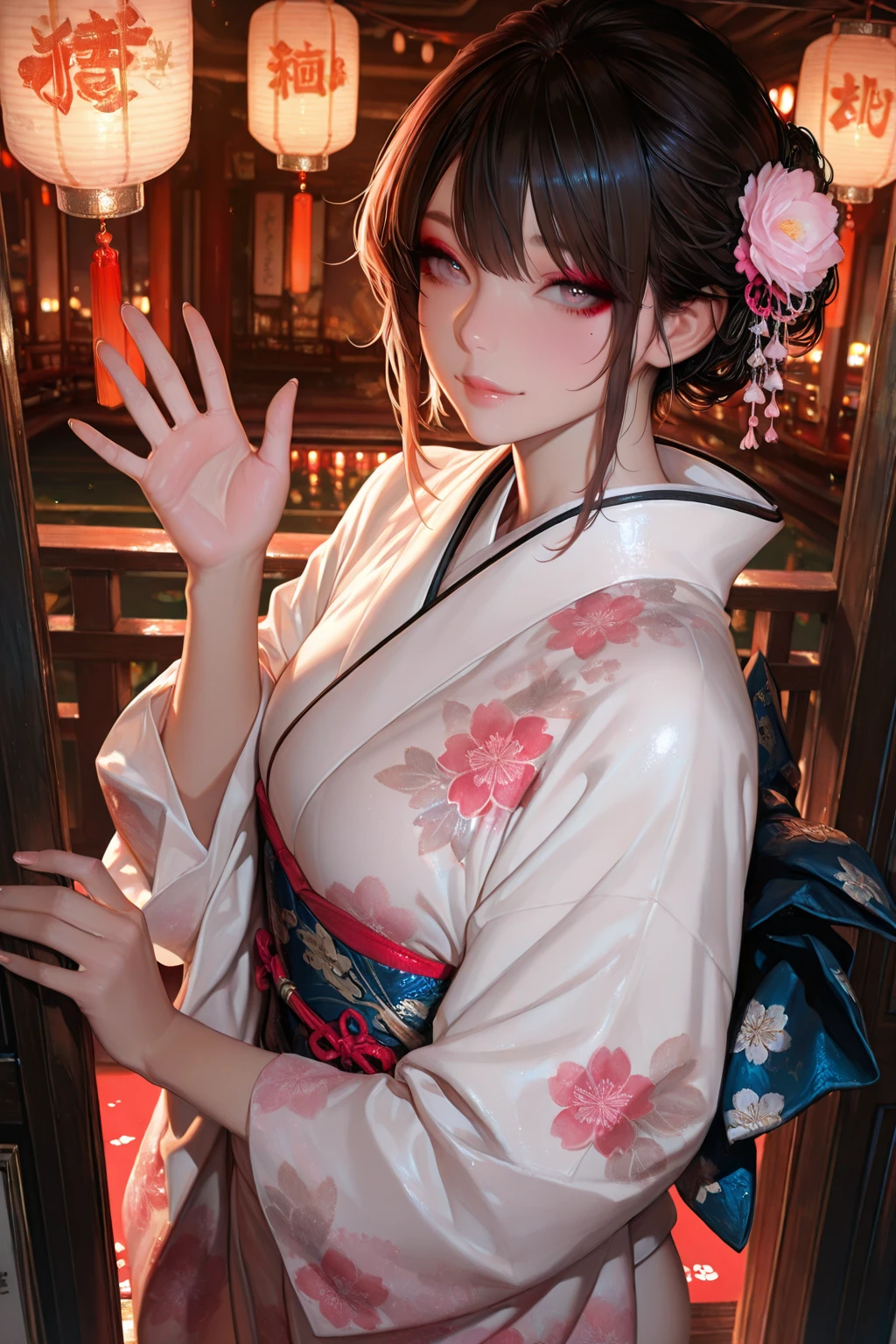 realistic, 1girl, full body, glowing eyes, (unbuttoned flower yukata), parted lips, blush, night, flowers, moonlight, sitting on the edge of the hot spring, hyper-detailed, high quality, 8k, photorealistic, professional digital painting, dramatic lighting, vibrant colors, intricate details, beautiful face, naughty pose, serene atmosphere, natural environment, ethereal, dreamy