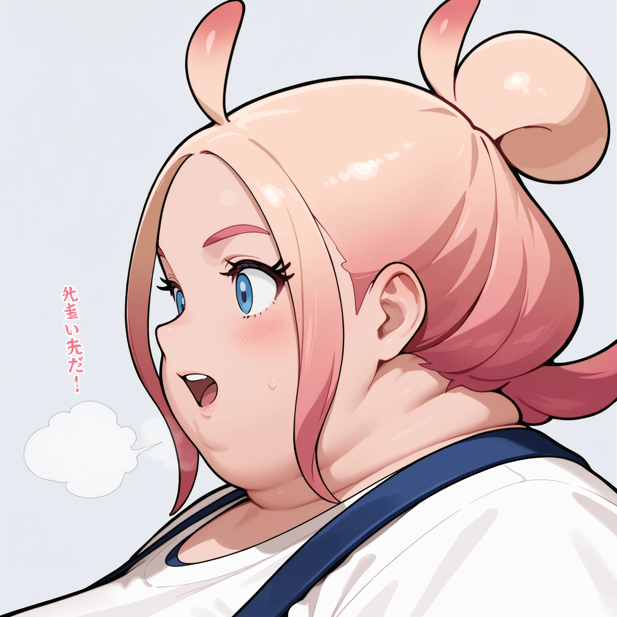 taunie, aged up, taunie \(pokemon\), pink hair, blonde hair, gradient hair, multicolored hair, single hair bun, ahoge, blue eyes, short hair, sidelocks, masterpiece,best quality,amazing quality,bulging belly, fat, chubby, obese, open mouth, out of breath, absurdres, portrait, pov belly, straight-on, from side, swollen face, masterpiece, best quality, ultra-detailed, high resolution, 8K, fat face, wide face,