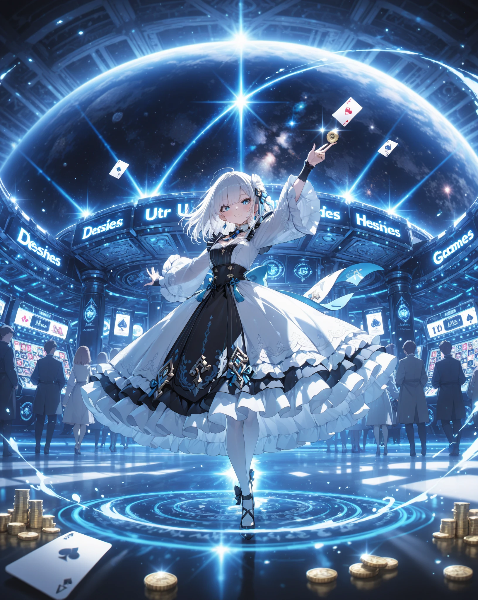 Cards，There are many cards floating in the sky，Girl holding cards，Girl holding a card，Fantasy style，Magic Style，Sci-fi style，Sci-fi style与Magic Style的繁复花纹，Cards are floating in the background，Girl holding cards，Girl holding cards，Girl holding cards，Street background，现代Street background，现代都市Street background，Magic Style的背景，Modern urban background，Magic pattern，magical circle，Cards floating in the sky，Cards floating in the background，Upper body close-up，Close-up above the waist，背景中有很多Cards floating in the air，Cards floating in the air，Tarot cards floating in the air
