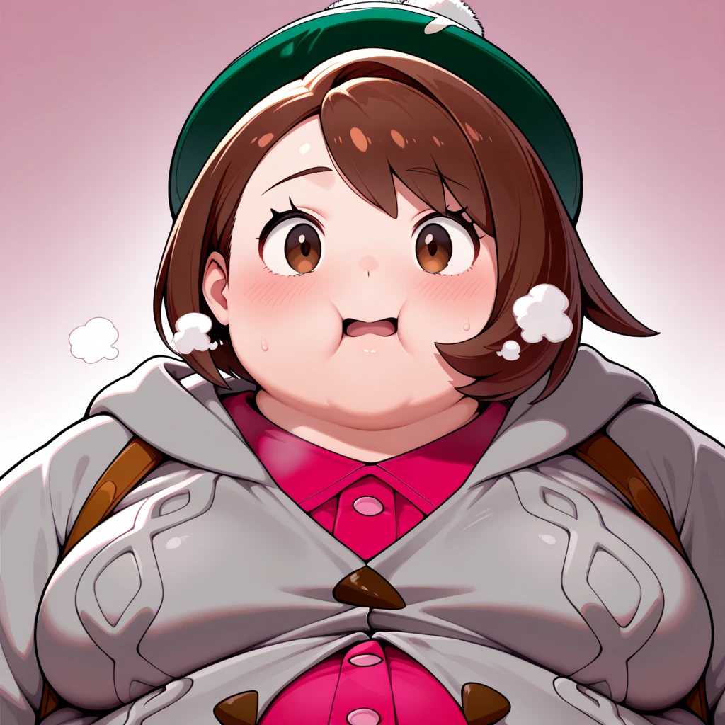 Anime Women, Lady、Forehead、Afro、Curly hair、Glasses、Brown eyes、Are fat、Chubby、Voluptuous、obesity、Double chin、Cheek、Fat-covered neck、Big Breasts、Saggy breasts、Thick upper arms、Fat Belly、Unitard、、sneakers、Gloss、Sweat、Embarrassed