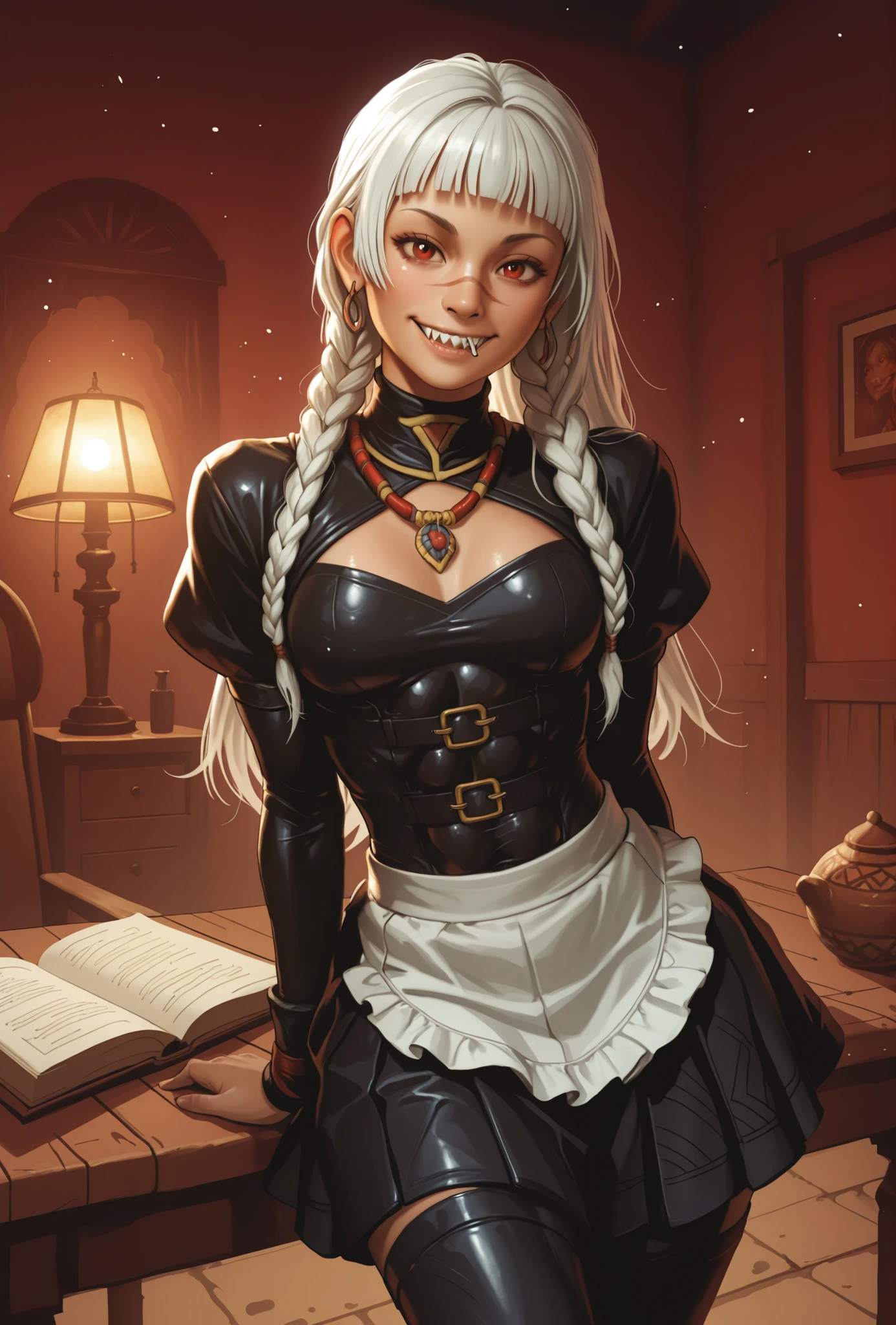 Woman looks like a mix of Elena and Juri Han from Street Fighter 6. Cute girl. Bronzefarbene Haut. She has a horizontal scar over her nose. She has sharp teeth. pointed fangs in her mouth. your body is athletic, with muscles and abs. B-Cup. Sie hat schmale, Asian and red eyes, A pretty, And young face and white braids. The finest Inca clothing, shiny latex (Schlangenhaut-Optik), and an amber necklace. atmospheric lighting. looks at the viewer. She has an innocent smile with lots of sharp teeth. Keine Tiere im Bild. Hintergrund: aztekischer Tempel, strong lineart, hdr, hdr colours, semi-realistic, creepy atmosphere, semi-realistic, hdr colours. Sharp. HD. Fake box art.