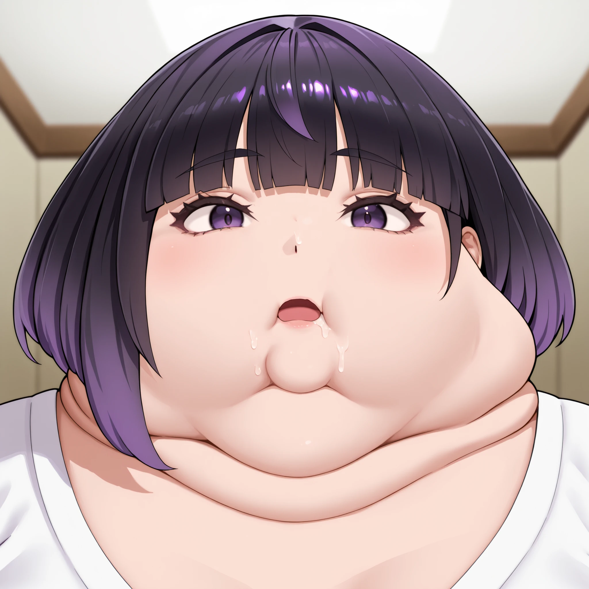 gwynn, gwynn \(pokemon\), gradient hair, black hair, purple hair, short hair, asymmetrical sidelocks, bob cut, purple eyes, masterpiece,best quality,amazing quality,bulging belly, fat, chubby, obese, open mouth, out of breath, absurdres, portrait, pov belly, straight-on, from side, swollen face, masterpiece, best quality, ultra-detailed, high resolution, 8K, fat face, wide face, 