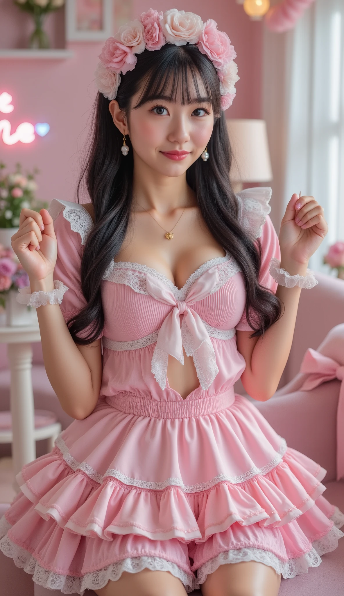 rinon ohshima,big breasts,Perfect hand,Extremely over-the-top burikko personality,
an ultra-adorable Japanese girl with an exaggerated cute pose.
She is slightly squatting, tilting her head with sparkling eyes and an innocent pout, radiating maximum burikko energy.
Her long flowing black hair is decorated with huge pastel ribbons, heart-shaped hair clips, pearls, and frilly lace ornaments, arranged in an overdecorated, idol-like style.
She wears a hyper-frilly pink sailor uniform (セーラー服) instead of a maid outfit:
a pastel pink sailor top with an oversized sailor collar, heavily trimmed with thick white lace, heart embroidery, and layered frills.
The sleeves are sleeveless or extremely short, fully exposing her smooth underarms in a cute, innocent burikko-style pose.
The chest ribbon is massive and decorative, made of layered satin bows with pearls and heart charms.
The skirt is a voluminous, multi-layered pastel pink sailor skirt, filled with fluffy petticoats, extravagant ruffles, and lace edging, creating an unreal, over-the-top “buriburi” silhouette.
Every detail is maximalist, cute, and intentionally excessive.
Her sailor headband is maximalist—multiple pastel bows, lace stacks, pearls, tiny charms, and heart motifs layered together.
She gently places both hands behind her head, elbows raised high, creating a classic burikko armpit-showing pose.
Soft shy smile, graceful and charming beauty, delicate Asian facial features, high-detail natural skin texture, ultra-cute aura.
The setting is a pastel pink × sky-blue themed maid café / idol café, filled with ribbons, heart motifs, soft glowing signs, and dreamy decorations.
Lighting is soft and evenly diffused, creating a warm, intimate, cinematic atmosphere with premium fashion-photography quality.
Ultra-high-resolution, cinematic softness, SeaArt style, adorable cute aesthetic, hyper-burikko sailor uniform concept, extremely detailed, safe, cute-focused.