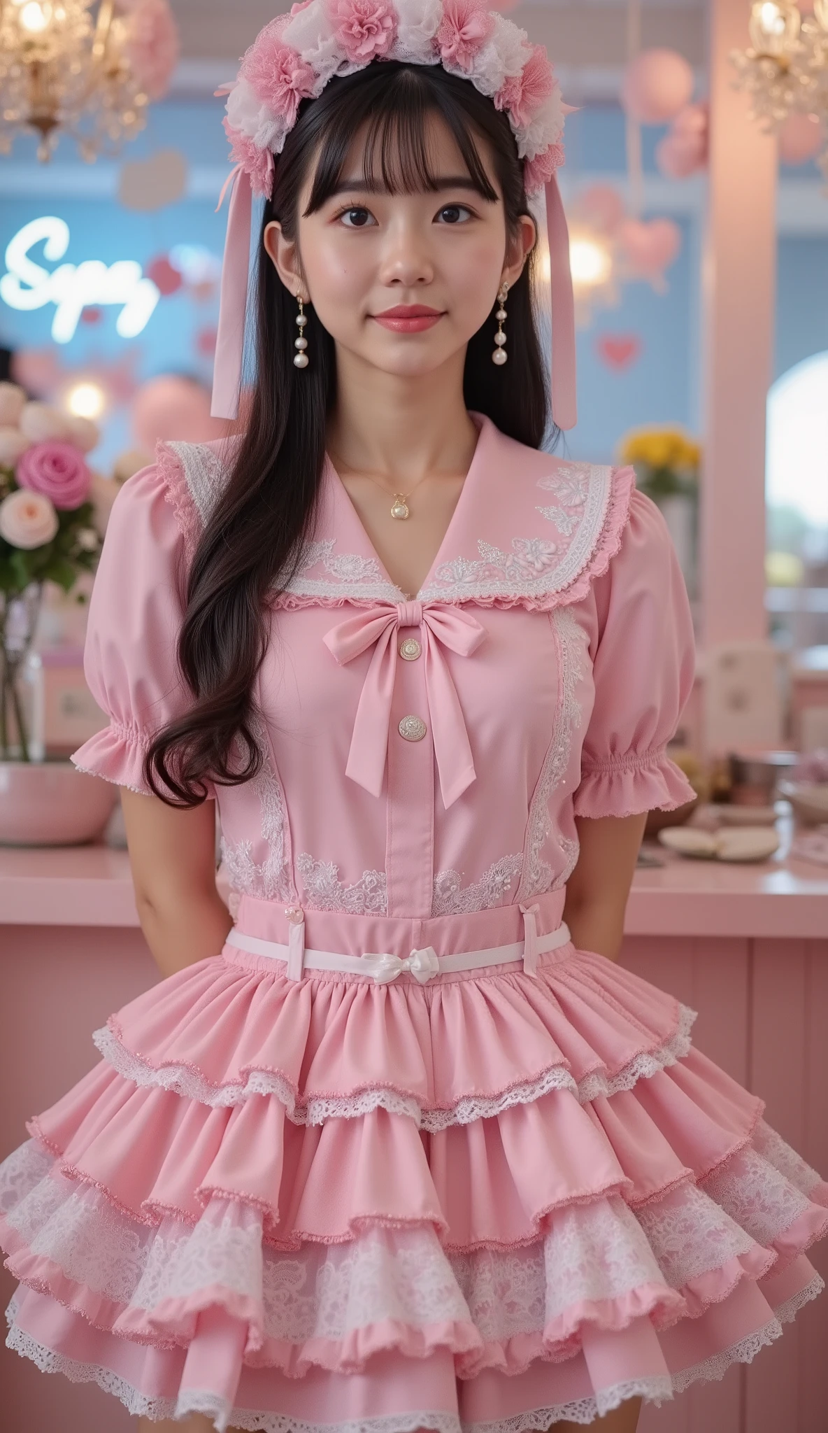 rinon ohshima,big breasts,Perfect hand,Extremely over-the-top burikko personality,
an ultra-adorable Japanese girl with an exaggerated cute pose.
She is slightly squatting, tilting her head with sparkling eyes and an innocent pout, radiating maximum burikko energy.
Her long flowing black hair is decorated with huge pastel ribbons, heart-shaped hair clips, pearls, and frilly lace ornaments, arranged in an overdecorated, idol-like style.
She wears a hyper-frilly pink sailor uniform (セーラー服) instead of a maid outfit:
a pastel pink sailor top with an oversized sailor collar, heavily trimmed with thick white lace, heart embroidery, and layered frills.
The sleeves are sleeveless or extremely short, fully exposing her smooth underarms in a cute, innocent burikko-style pose.
The chest ribbon is massive and decorative, made of layered satin bows with pearls and heart charms.
The skirt is a voluminous, multi-layered pastel pink sailor skirt, filled with fluffy petticoats, extravagant ruffles, and lace edging, creating an unreal, over-the-top “buriburi” silhouette.
Every detail is maximalist, cute, and intentionally excessive.
Her sailor headband is maximalist—multiple pastel bows, lace stacks, pearls, tiny charms, and heart motifs layered together.
She gently places both hands behind her head, elbows raised high, creating a classic burikko armpit-showing pose.
Soft shy smile, graceful and charming beauty, delicate Asian facial features, high-detail natural skin texture, ultra-cute aura.
The setting is a pastel pink × sky-blue themed maid café / idol café, filled with ribbons, heart motifs, soft glowing signs, and dreamy decorations.
Lighting is soft and evenly diffused, creating a warm, intimate, cinematic atmosphere with premium fashion-photography quality.
Ultra-high-resolution, cinematic softness, SeaArt style, adorable cute aesthetic, hyper-burikko sailor uniform concept, extremely detailed, safe, cute-focused.
