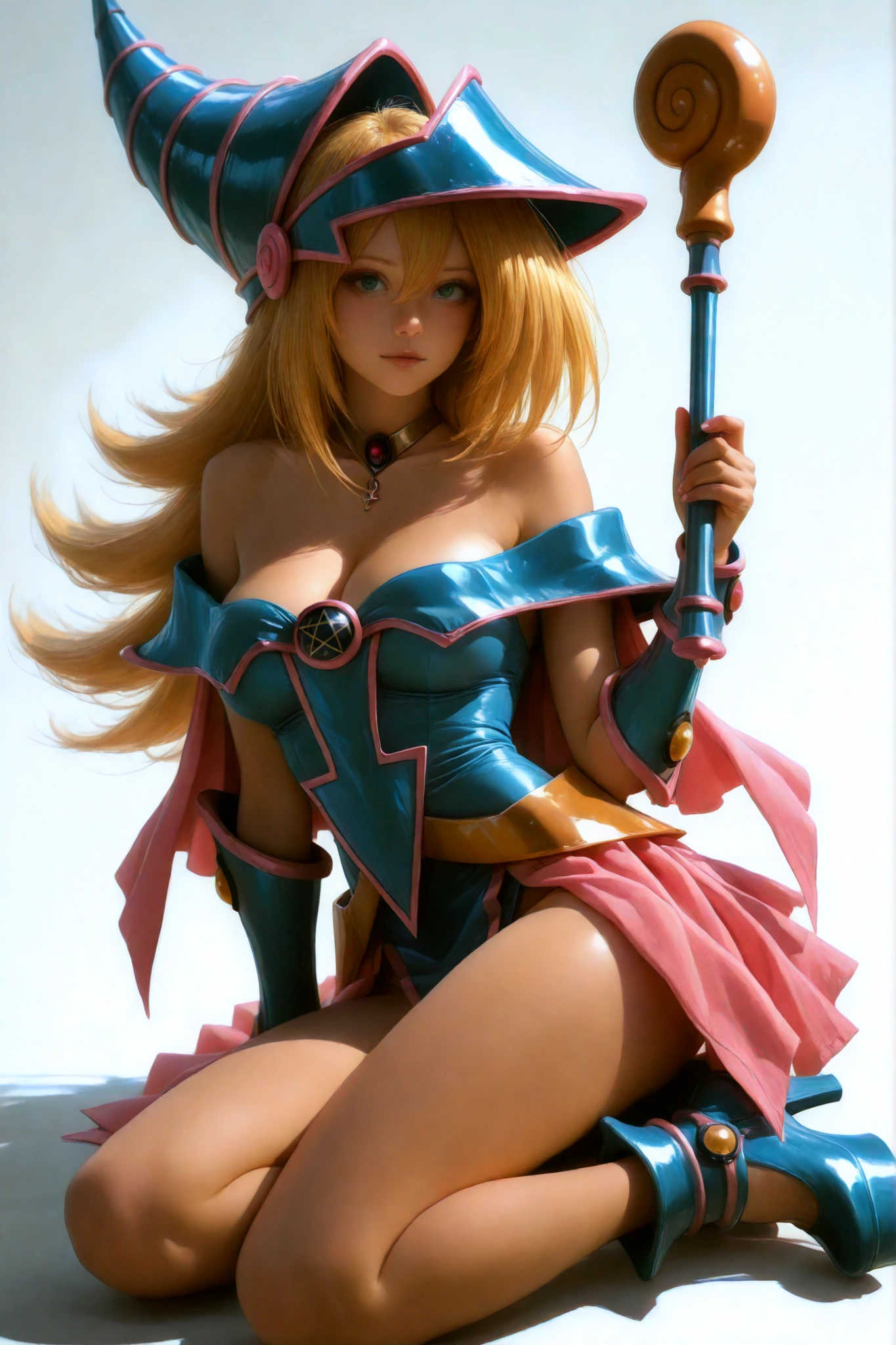 Dark Magician Girl with realistic clothes, less big hair, high platform pumps instead of her usual footwear, tiara instead of her usual hat, chocker instead of her usual necklace.
