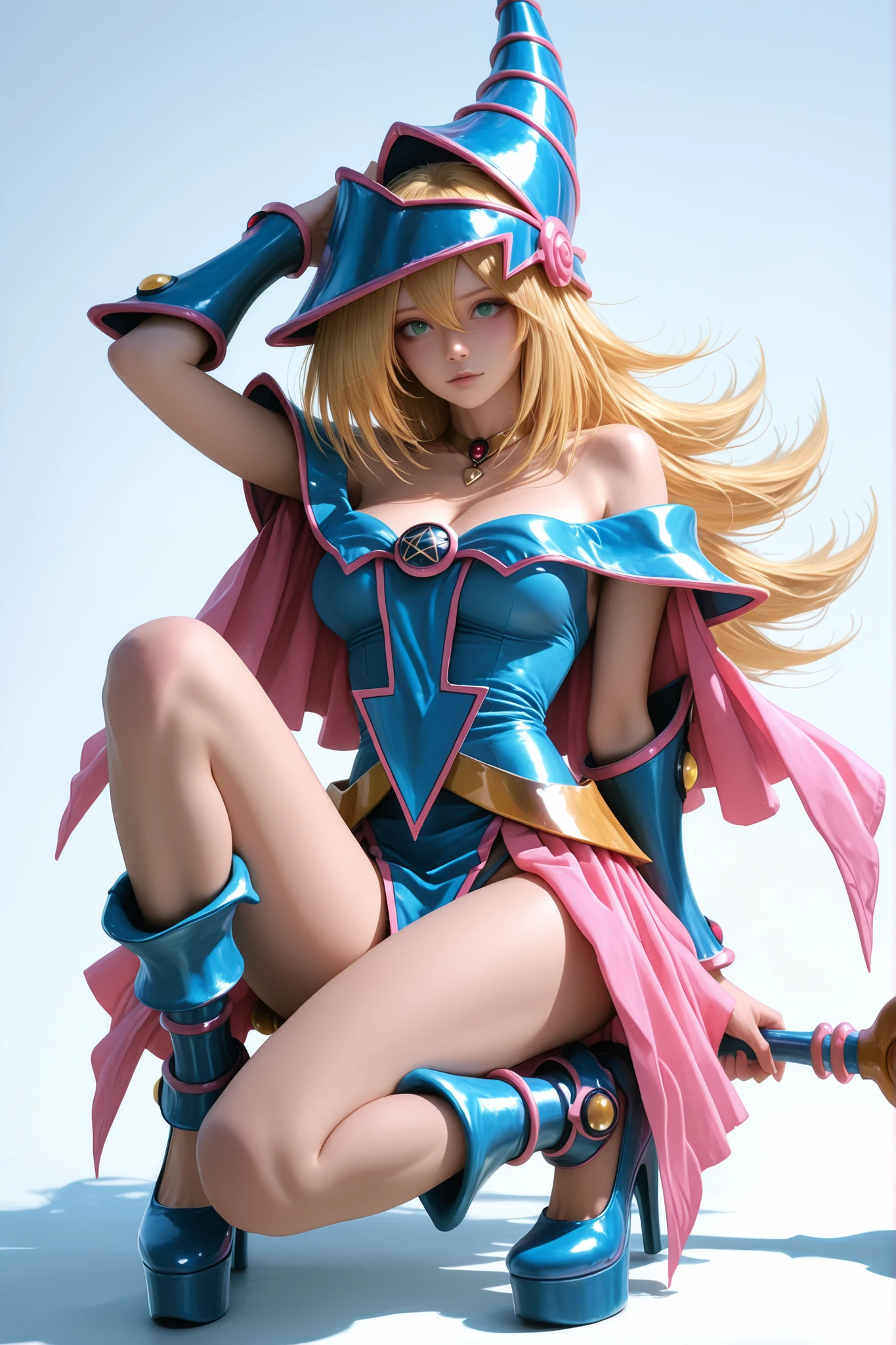 Dark Magician Girl with realistic clothes, less big hair, high platform pumps instead of her usual footwear, tiara instead of her usual hat, chocker instead of her usual necklace.