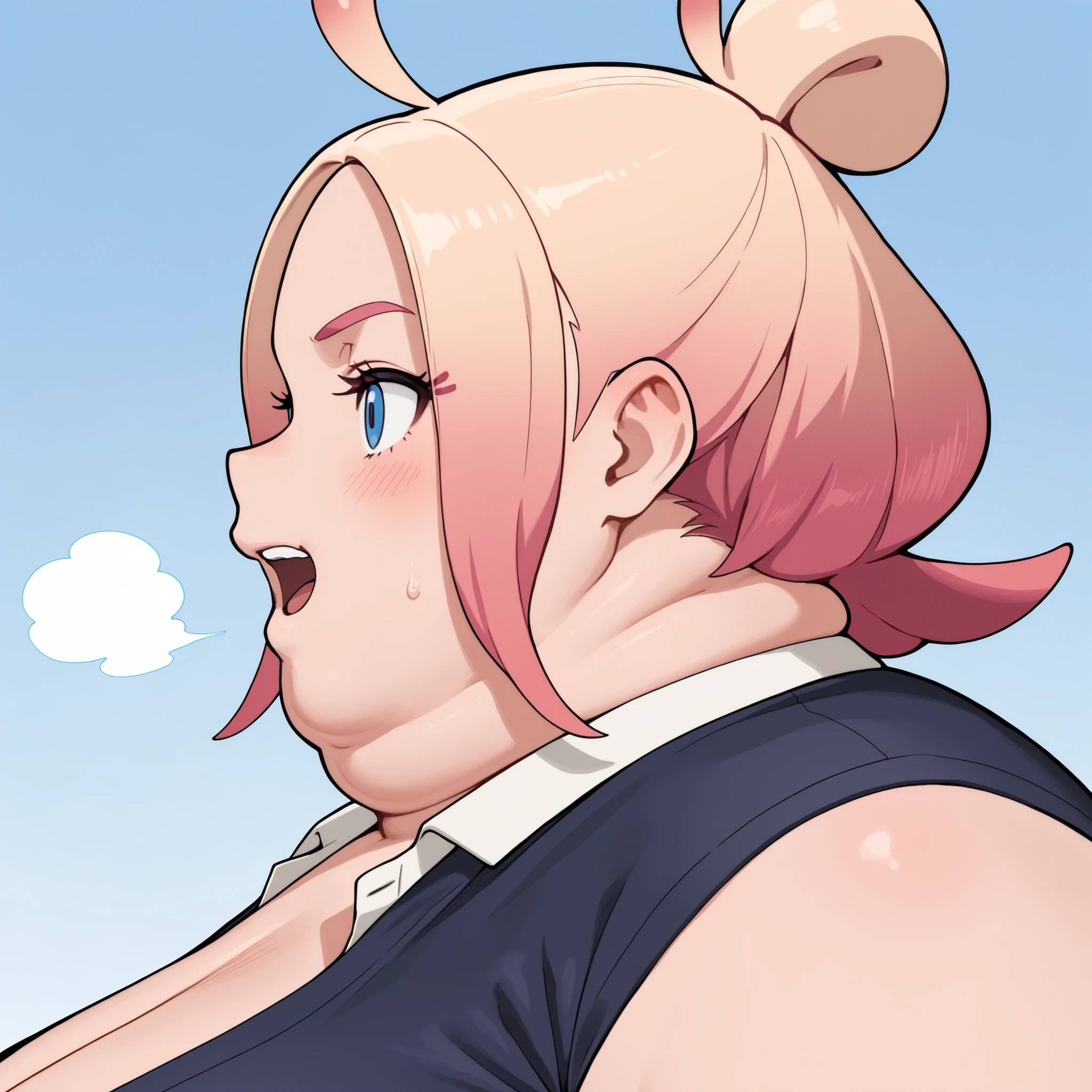 taunie, aged up, taunie \(pokemon\), pink hair, blonde hair, gradient hair, multicolored hair, single hair bun, ahoge, blue eyes, short hair, sidelocks, masterpiece,best quality,amazing quality,bulging belly, fat, chubby, obese, open mouth, out of breath, absurdres, portrait, pov belly, straight-on, from side, swollen face, masterpiece, best quality, ultra-detailed, high resolution, 8K, fat face, wide face,