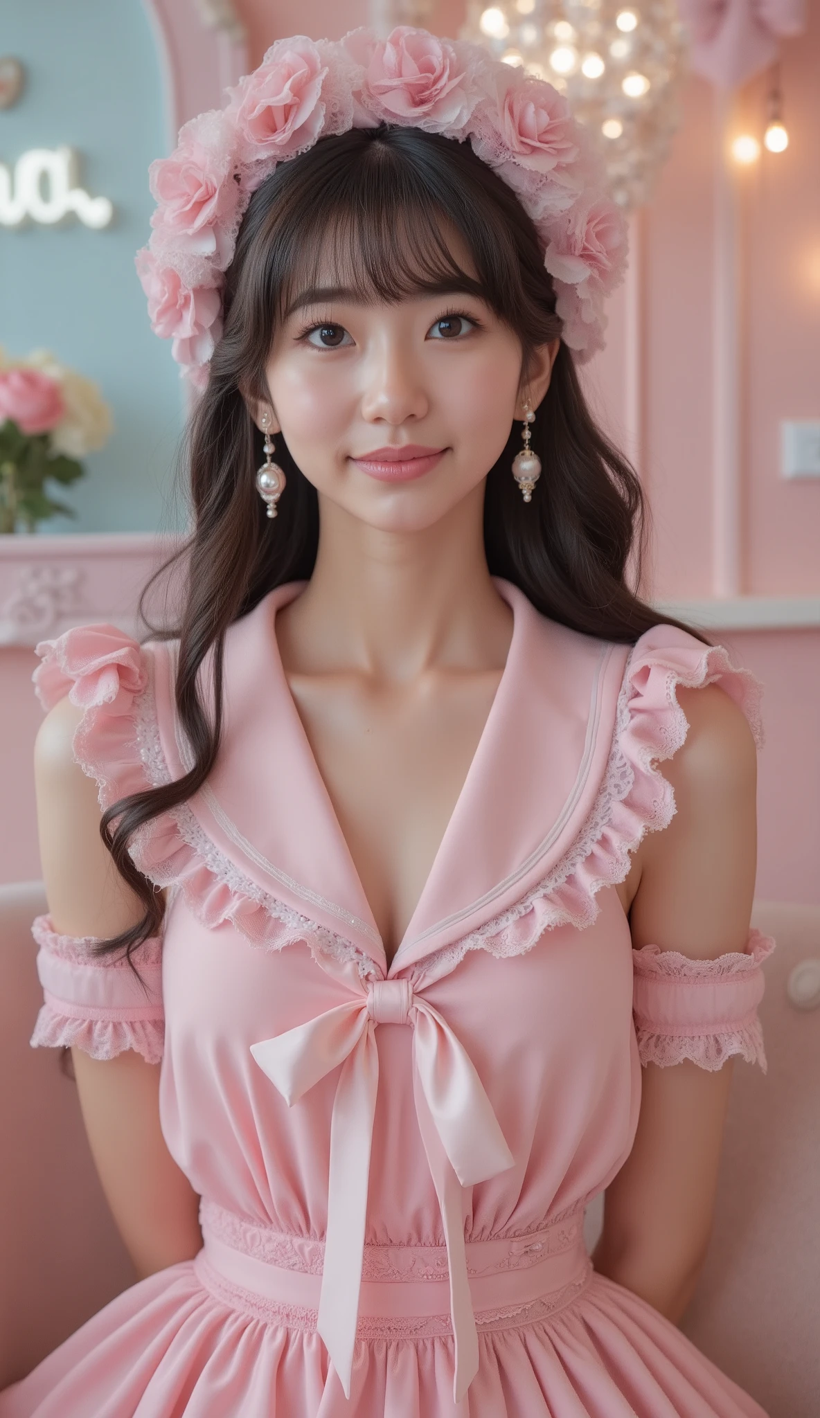 rena,rinon ohshima,big breasts,Perfect hand,Extremely over-the-top burikko personality,
an ultra-adorable Japanese girl with an exaggerated cute pose.
She is slightly squatting, tilting her head with sparkling eyes and an innocent pout, radiating maximum burikko energy.
Her long flowing black hair is decorated with huge pastel ribbons, heart-shaped hair clips, pearls, and frilly lace ornaments, arranged in an overdecorated, idol-like style.
She wears a hyper-frilly pink sailor uniform (セーラー服) instead of a maid outfit:
a pastel pink sailor top with an oversized sailor collar, heavily trimmed with thick white lace, heart embroidery, and layered frills.
The sleeves are sleeveless or extremely short, fully exposing her smooth underarms in a cute, innocent burikko-style pose.
The chest ribbon is massive and decorative, made of layered satin bows with pearls and heart charms.
The skirt is a voluminous, multi-layered pastel pink sailor skirt, filled with fluffy petticoats, extravagant ruffles, and lace edging, creating an unreal, over-the-top “buriburi” silhouette.
Every detail is maximalist, cute, and intentionally excessive.
Her sailor headband is maximalist—multiple pastel bows, lace stacks, pearls, tiny charms, and heart motifs layered together.
She gently places both hands behind her head, elbows raised high, creating a classic burikko armpit-showing pose.
Soft shy smile, graceful and charming beauty, delicate Asian facial features, high-detail natural skin texture, ultra-cute aura.
The setting is a pastel pink × sky-blue themed maid café / idol café, filled with ribbons, heart motifs, soft glowing signs, and dreamy decorations.
Lighting is soft and evenly diffused, creating a warm, intimate, cinematic atmosphere with premium fashion-photography quality.
Ultra-high-resolution, cinematic softness, SeaArt style, adorable cute aesthetic, hyper-burikko sailor uniform concept, extremely detailed, safe, cute-focused.