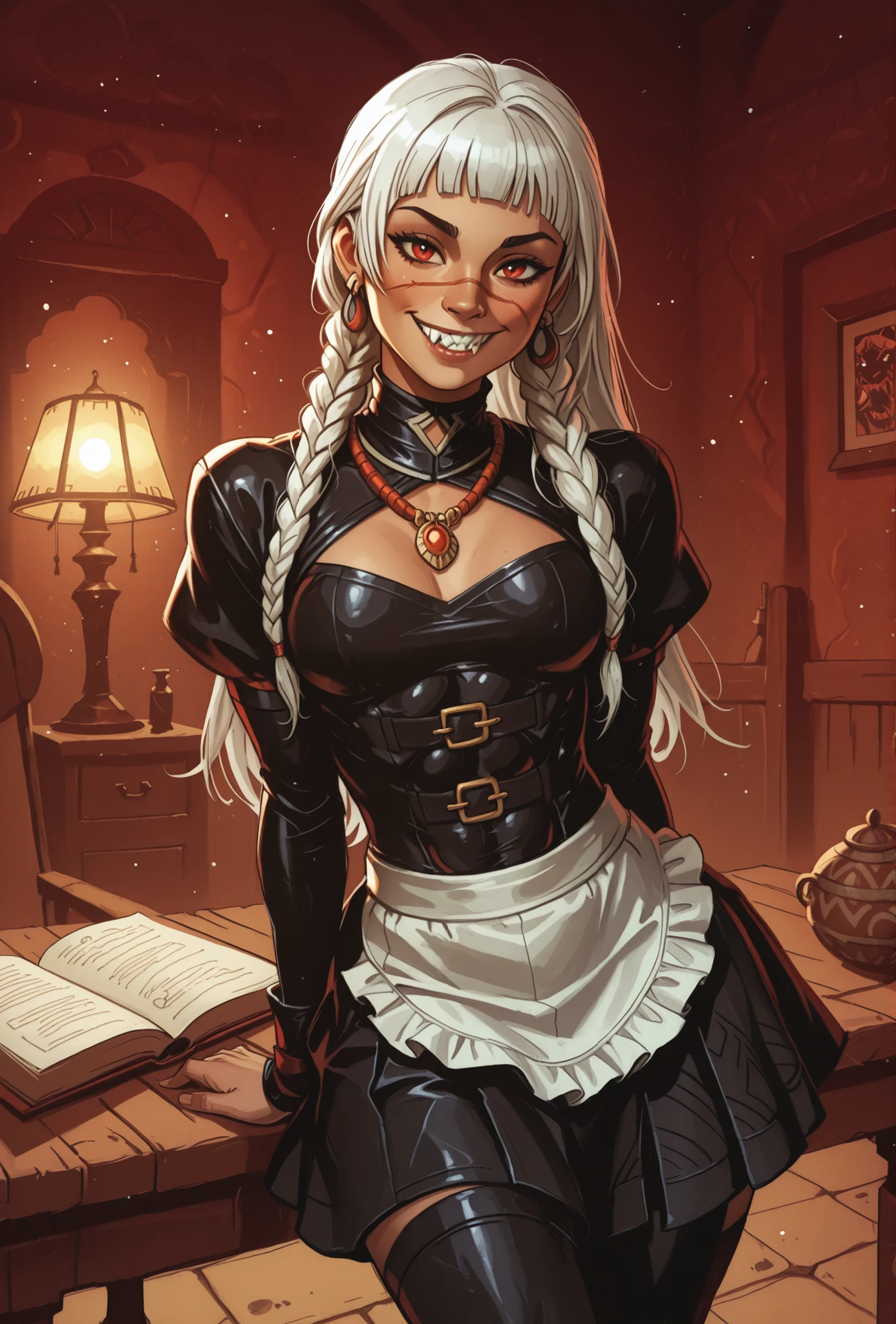 Woman looks like Annette from Castlevania Nocturne. Cute girl. Bronzefarbene Haut. She has a horizontal scar over her nose. She has sharp teeth. pointed fangs in her mouth. your body is athletic, with muscles and abs. B-Cup. Sie hat schmale, Asian and red eyes, A pretty, And young face and white braids. The Inca clothing is made from the finest latex (Schlangenhaut-Optik), and an amber necklace. atmospheric lighting. looks at the viewer. She has an innocent smile with lots of sharp teeth. Keine Tiere im Bild. Hintergrund: aztekischer Tempel, strong lineart, hdr, hdr colours, hdr colours. Sharp. HD. Fake box art.