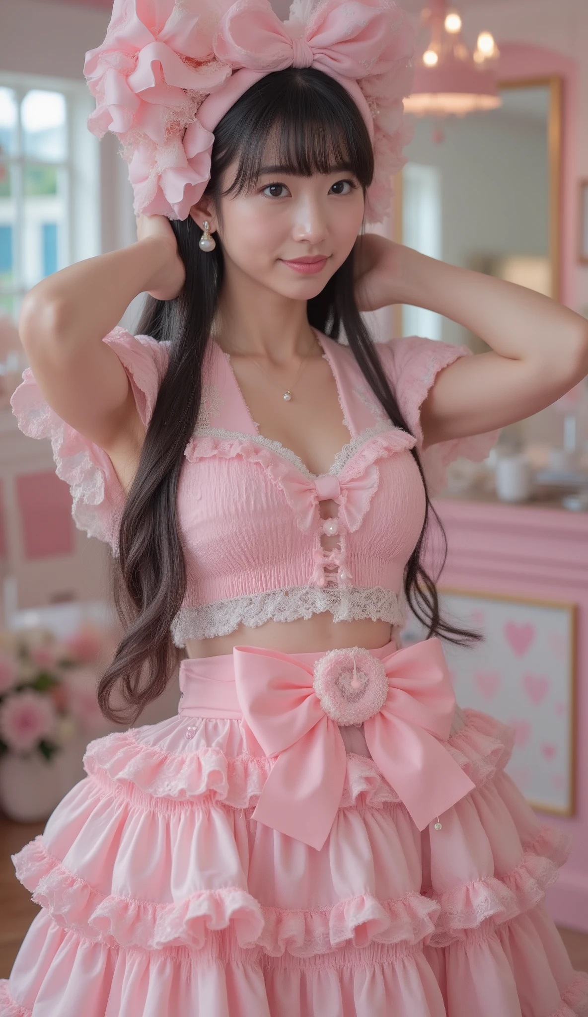 rena,rinon ohshima,big breasts,Perfect hand,Extremely over-the-top burikko personality,
an ultra-adorable Japanese girl with an exaggerated cute pose.
She is slightly squatting, tilting her head with sparkling eyes and an innocent pout, radiating maximum burikko energy.
Her long flowing black hair is decorated with huge pastel ribbons, heart-shaped hair clips, pearls, and frilly lace ornaments, arranged in an overdecorated, idol-like style.
She wears a hyper-frilly pink sailor uniform (セーラー服) instead of a maid outfit:
a pastel pink sailor top with an oversized sailor collar, heavily trimmed with thick white lace, heart embroidery, and layered frills.
The sleeves are sleeveless or extremely short, fully exposing her smooth underarms in a cute, innocent burikko-style pose.
The chest ribbon is massive and decorative, made of layered satin bows with pearls and heart charms.
The skirt is a voluminous, multi-layered pastel pink sailor skirt, filled with fluffy petticoats, extravagant ruffles, and lace edging, creating an unreal, over-the-top “buriburi” silhouette.
Every detail is maximalist, cute, and intentionally excessive.
Her sailor headband is maximalist—multiple pastel bows, lace stacks, pearls, tiny charms, and heart motifs layered together.
She gently places both hands behind her head, elbows raised high, creating a classic burikko armpit-showing pose.
Soft shy smile, graceful and charming beauty, delicate Asian facial features, high-detail natural skin texture, ultra-cute aura.
The setting is a pastel pink × sky-blue themed maid café / idol café, filled with ribbons, heart motifs, soft glowing signs, and dreamy decorations.
Lighting is soft and evenly diffused, creating a warm, intimate, cinematic atmosphere with premium fashion-photography quality.
Ultra-high-resolution, cinematic softness, SeaArt style, adorable cute aesthetic, hyper-burikko sailor uniform concept, extremely detailed, safe, cute-focused.