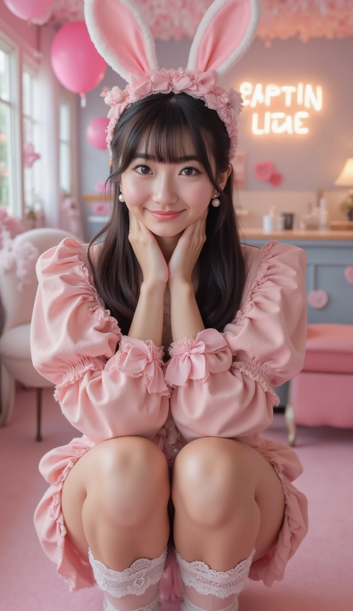 rena,rinon ohshima,big breasts,Perfect hand,Extremely over-the-top burikko personality,
an ultra-adorable Japanese bunny girl with an exaggerated cute pose and overwhelming sweetness.
She is slightly squatting, tilting her head cutely with sparkling eyes and an innocent pout, radiating maximum burikko energy.
Her long flowing black hair is lavishly decorated with huge pastel ribbons, heart-shaped clips, pearls, frilly lace ornaments, styled in an excessively cute idol-like manner.
She wears a hyper-cute pastel pink bunny girl costume:
a soft matte pink bunny suit with heart-shaped accents, delicate lace trimming, and decorative satin ribbons.
The design is cute-focused rather than sexy, emphasizing sweetness and innocence.
The armholes are softly rounded and open, naturally revealing her smooth underarms in a shy, burikko-style pose.
She wears fluffy pastel bunny ears on a maximalist headband, overloaded with bows, pearls, lace layers, tiny charms, and heart motifs.
A small fluffy bunny tail peeks out adorably, enhancing the playful cosplay feel.
Her outfit includes frilly wrist cuffs and thigh accents with lace and ribbon details, all pastel-toned and overdecorated for maximum cuteness.
Every element is intentionally excessive, “buriburi,” and ultra-adorable.
She gently places both hands behind her head, elbows raised, creating a classic burikko armpit-showing pose.
Soft shy smile, graceful and charming beauty, delicate Asian facial features, high-detail natural skin texture, ultra-cute aura.
The setting is a pastel pink × sky-blue themed café / fantasy idol space, filled with ribbons, heart motifs, soft glowing signs, and dreamy decorations.
Lighting is soft and evenly diffused, producing a warm, intimate, cinematic atmosphere with premium fashion-photography quality.
Ultra-high-resolution, cinematic softness, SeaArt style, adorable cute aesthetic,
hyper-burikko bunny girl cosplay concept, safe, cute-focused, extremely detailed.