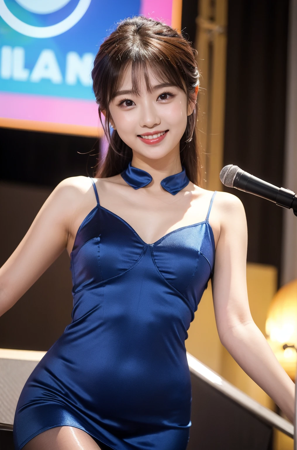 (((Draw only one woman: 2))), (Under the heavy rain、Concert Venues), ((Idol woman singing and dancing on stage)), (Cute idol costumes made of light fabric: 1.2), (( rain wet clothes: 1.5)), ((Clothes with wet skin: 1.5)), ((Rain-soaked skin)), ((Rain wet hair: ain wet bangs: 1.8)), (Happy smile: 1.2), 16 year old beautiful woman, ((1screen)), 8K, RAW shot, top quality photo, masutepiece, Nice realistic photos, ((Analyze scientifically correct ratios : 1.5)), ((Perfect proportions)), ((Beautiful woman like an idol of Japan)), ((small head)), Detailed face, Detailed appearance, Narrow Nose, Detailed fingers, detailed arms, Detailed skin, Detailed legs, short torso, (Slim Style), (thin waist), medium breasts, ( shadow)