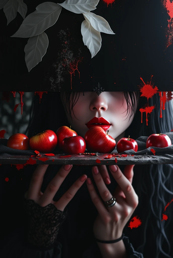 perfectly oil painted still life with fruit and cobwebs post-rock gothic hyper-detailed with lots of identical psychedelic details gloomy punk aesthetics atmosphere, sound vibrations, sound studio punk 8k, best quality, masterpiece, illustration, extremely delicate and beautiful, extremely detailed, (realistic, photorealistic: 1.37), amazing, fine detail, masterpiece, girl with post_punk_rock_gothic hair,  night city,