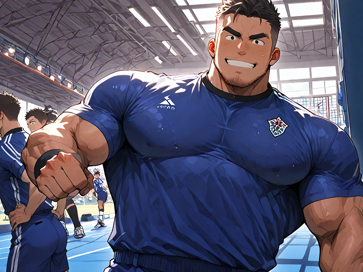 There is only one handsome Asian actor in the picture，35 years old，Tall and handsome, Toned body，short hair, O-Shaped Beard，Perfect body, Dark skin，Glowing skin，Smooth skin，The body is hairless，Muscle bulge, Muscular, Very large pectoral muscles，Very sexy abdominal muscles，Very well-developed leg muscles，Huge concave and convex area，Brightens oily skin，Wearing a white leather shiny ，Handsome face， Correct and accurate male body proportions, Wear white leather socks，Stand among the flowers。
