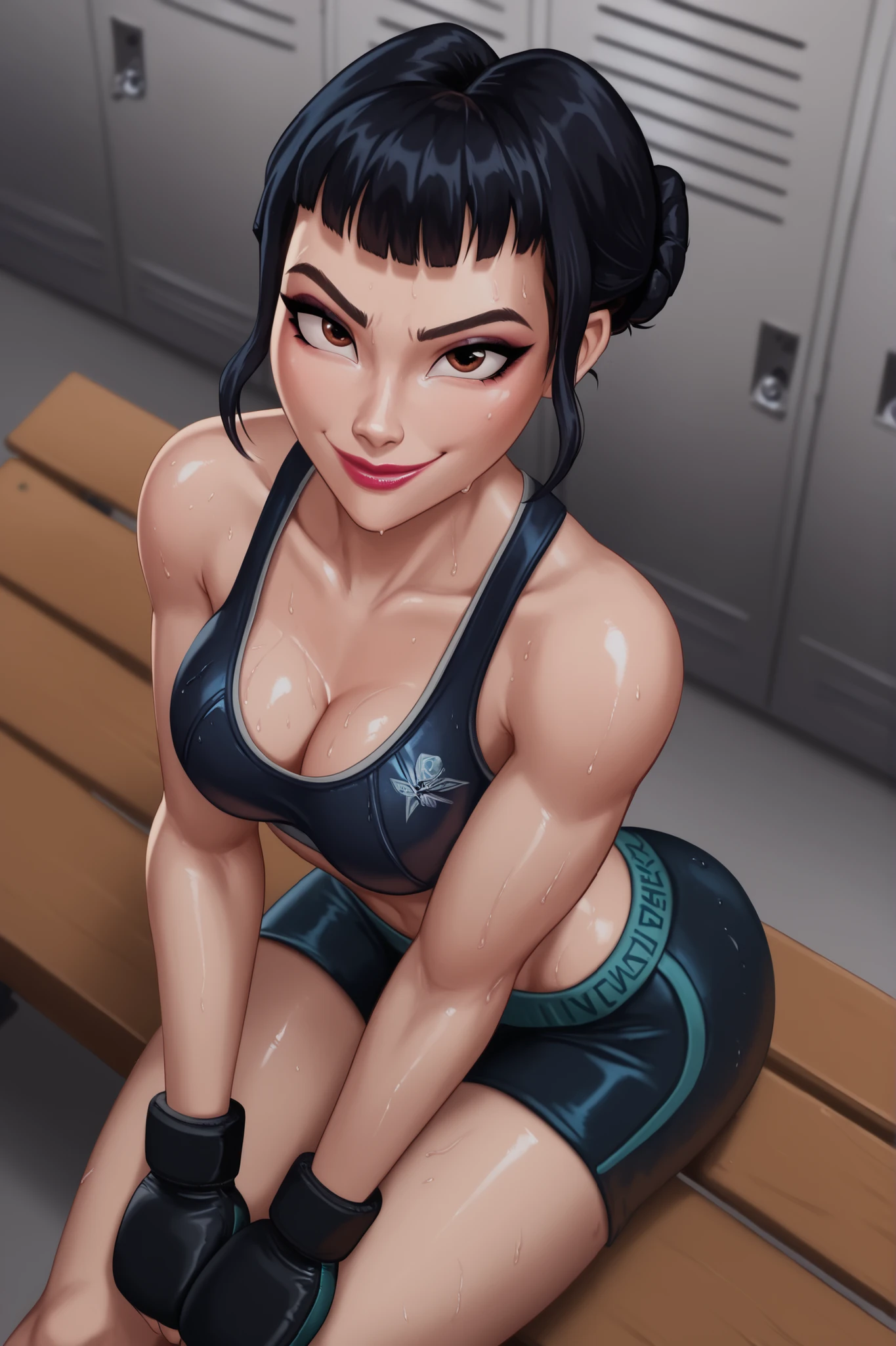BREAK, score_6_up, score_7_up, score_8_up, score_9, 1girl, solo, kpdh_z0ey, black hair, short hair, hair bun, brown eyes, blunt bangs, lipstick, makeup, official KPop Demon Hunters aesthetic, medium breasts, busty, cleavage, curvy, athletic, looking at viewer, seducing viewer, teasing viewer, feisty expression, smiling, closed mouth, bedroom eyes, jet black sports bra, jet black boxing shorts, jet black wrist wraps, midriff, indoors, locker room, sitting on bench, closeup, portrait, upper body, high-angle view, blue eyeshadow, black mascara, sweaty, sweat drops, wet skin, shiny skin
