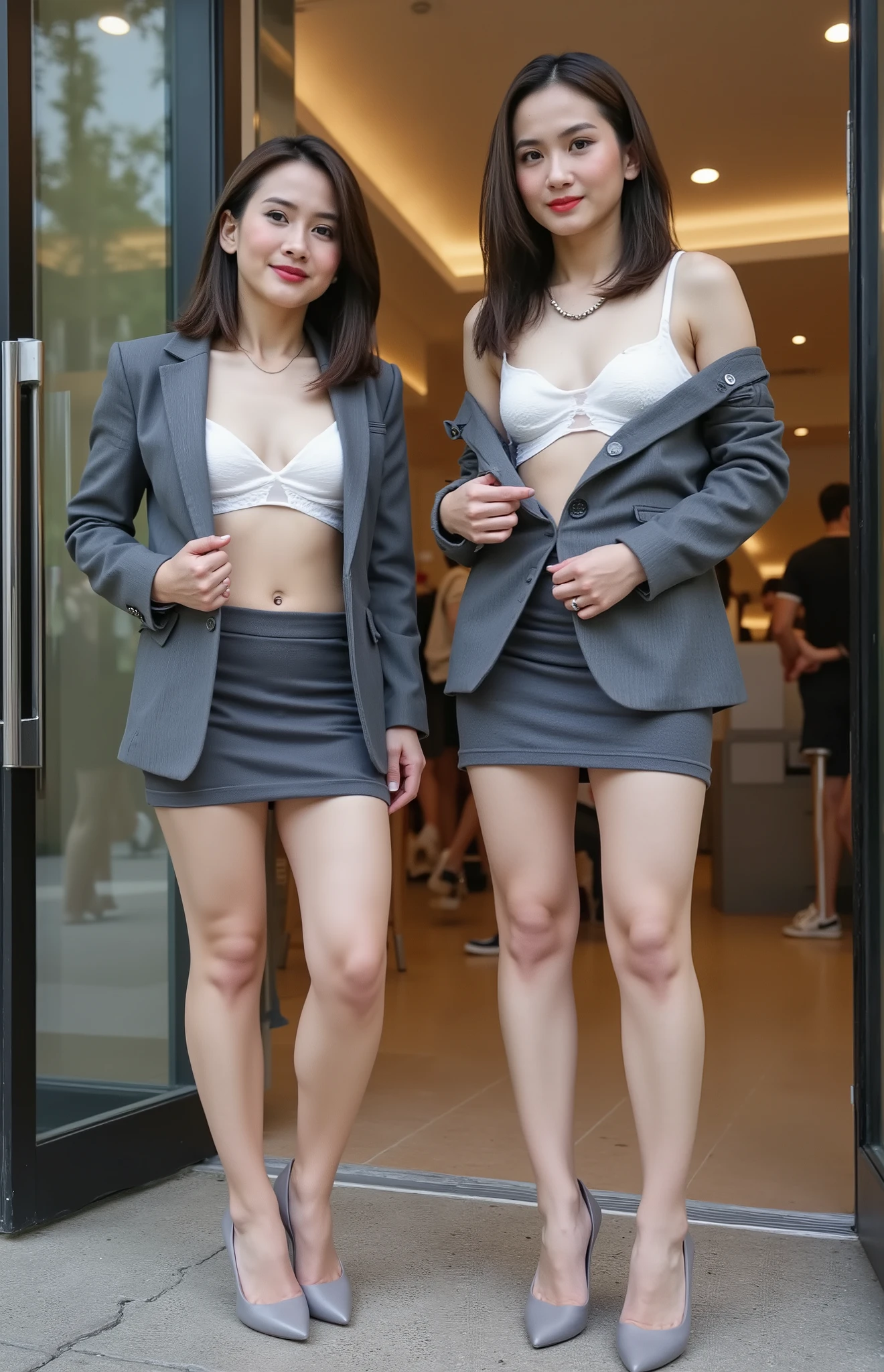Panty pull, A photo-realistic 8K shot. 2 beautiful chinese young girls. both have fat thighs, long legs, working as bank teller. light cotton sheer bra. deep v cut tight dark gray office blazer with off shoulder reveal light cotton sheer bra. outdoor street view. open legs apart. knee apart. stretch tight office gray mini skirts. backless. white briefs. they wear reading glasses. nude, topless. full body view. sharp focus on face. they wear reading glasses. full body shots . off shoulder sleeves reveal bra straps. 4 fat girls and friends wear gray pink cotton sheer bra. deep v cut tight dark gray office blazer with off shoulder exposing cleavage, stretch tight office gray mini skirts. mini skirt. miniskirt. both wear miniskirt. fat legs . left side medium short straight hair. full body view. open legs. legs apart knee apart soldier stance. standing at indoor office. sexy elegant back pose. face looking back. cleavage. gray high heels. back pose. looking back through shoulder. knee view. back pose . open wide legs. military stance open legs apart. transparent. indoor . wide shots. fat legs. full body view. hands on hips. cotton sheer bra. back pose, back view. bra strap. sad face. they wear reading glasses. nude. naked. topless. they both panty pull.
