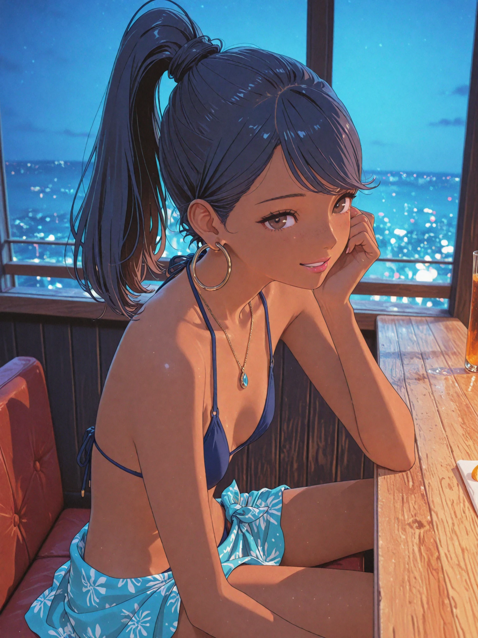 (Highest quality:1.4、8K:1.4、detailed)、F cup bust、Big Breasts、Slim body、Very white beautiful skin、((((1 person、Surprised expression、sit、Chair、In the background are the urban buildings of Tokyo、looking at the camera、Outdoor café terrace、coastal、Navy hair color、juice、Shooting up close、table、Very cute face))))、(Pose of putting hair behind ears with hands:1.4）、((、))、bikini、Very blue sky、A completely cloudless sky