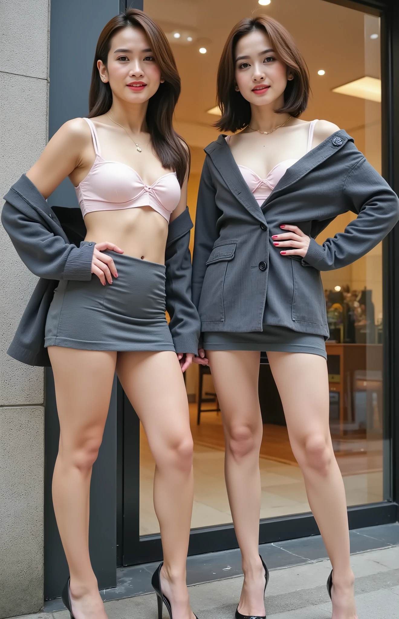Panty pull, A photo-realistic 8K shot. 2 beautiful chinese young girls. both have fat thighs, long legs, working as bank teller. light cotton sheer bra. deep v cut tight dark gray office blazer with off shoulder reveal light cotton sheer bra. outdoor street view. open legs apart. knee apart. stretch tight office gray mini skirts. backless. white briefs. they wear reading glasses. nude, topless. full body view. sharp focus on face. they wear reading glasses. full body shots . off shoulder sleeves reveal bra straps. 4 fat girls and friends wear gray pink cotton sheer bra. deep v cut tight dark gray office blazer with off shoulder exposing cleavage, stretch tight office gray mini skirts. mini skirt. miniskirt. both wear miniskirt. fat legs . left side medium short straight hair. full body view. open legs. legs apart knee apart soldier stance. standing at indoor office. sexy elegant back pose. face looking back. cleavage. gray high heels. back pose. looking back through shoulder. knee view. back pose . open wide legs. military stance open legs apart. transparent. indoor . wide shots. fat legs. full body view. hands on hips. cotton sheer bra. back pose, back view. bra strap. sad face. they wear reading glasses. nude. naked. topless. they both panty pull.