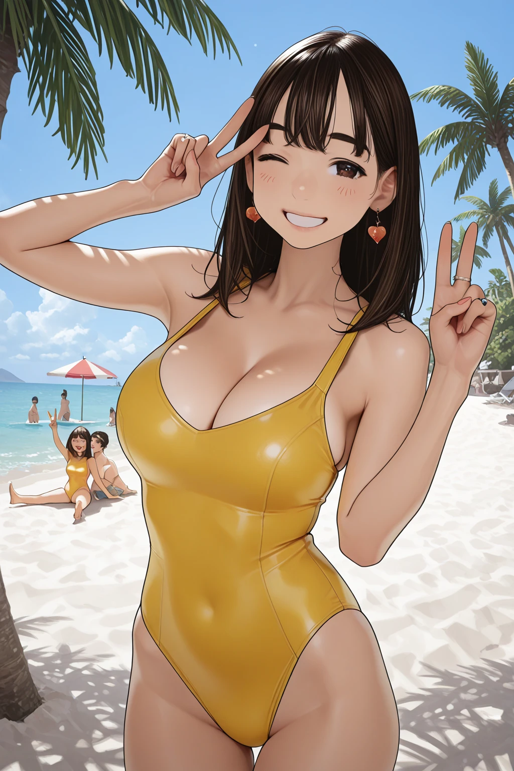 japanese,, pink frilled-one-piece-swimsuit,,,black hair ,hair up back,hime cut,glamorous, voluptuous, nsft, ,surrounded by many boys, shy,  , blush,stand,beach,looking at viewer