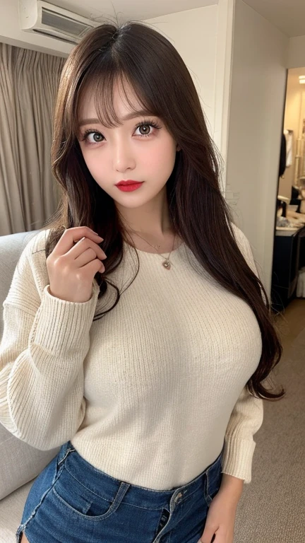 ,（open mouth、 on tougue、Big Breasts、valley）,（Raise your knees and open your legs、Raise your arms）、Beauty、double eyelids、Tear bags、Big, round eyes、Long eyelashes）、highest quality
