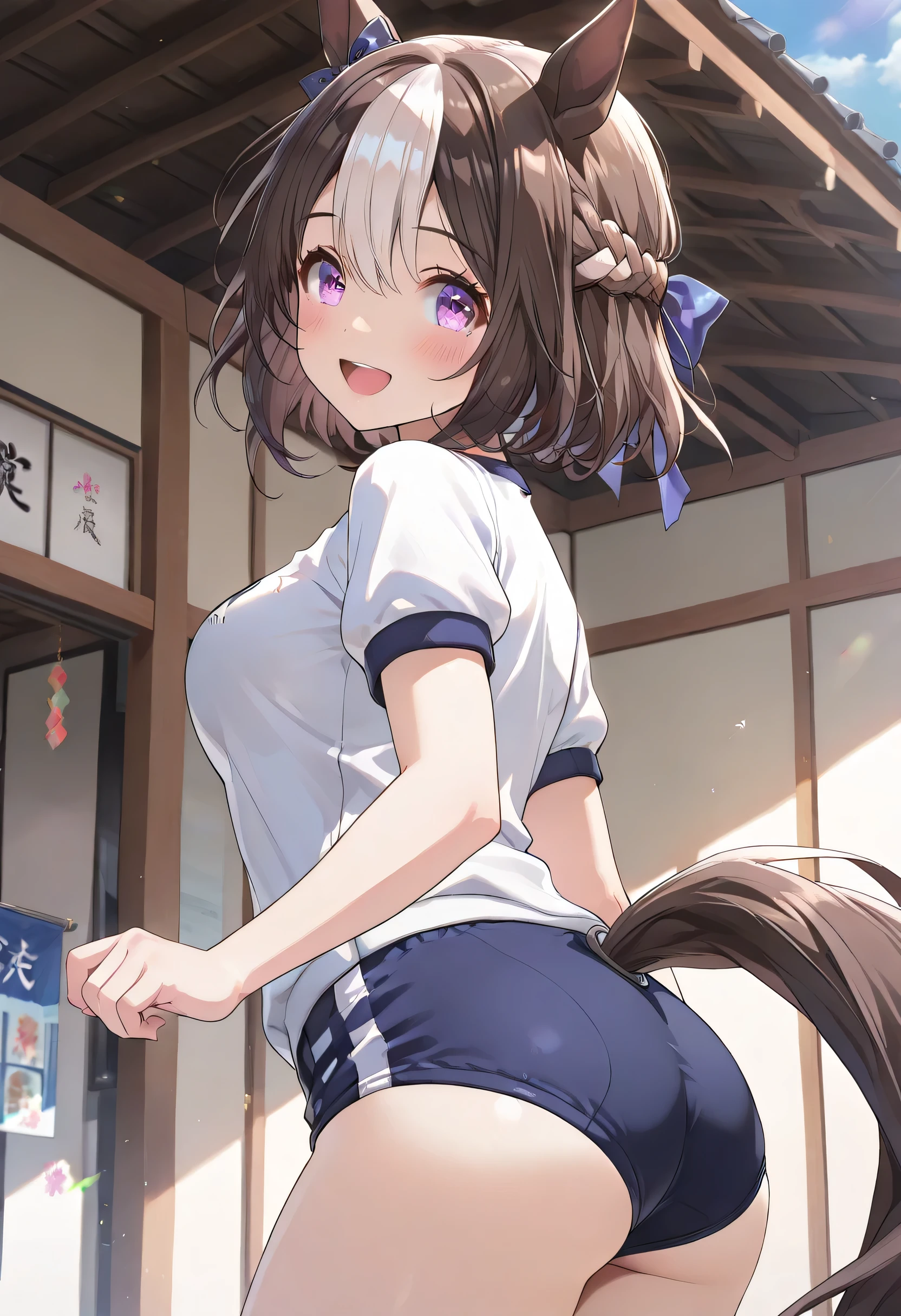 ((ultra-detailed)), (highly detailed CG illustration), (best quality:1.3), ultra-highly detailed, colorful composition, artistic photoshoot, 1girl, solo, moe anime character, Anime-style, harmonious color palette, dainty facial structure, round face, rounded chin:1.2, short stature, UMASW,horse ears,horse tail,purple eyes,hair bow,short hair,crown braid,brown hair,two-tone hair,multicolored hair, medium breasts, white gym uniform with navy blue rim:1.3, navy blue school gym buruma, blue gym uniform jersey, smile:1.2, blush:1.3, open mouth, flowing hair in the wind, standing, turn around:1.3, from behind:1.4, dramatic angle, butt focus, looking viewer, upper body, sidelighting, beautiful blue sky background:1.4, depth of field, dynamic pose, contrapposto pose, best quality, masterpiece, cinematic lighting, 8K resolution, portrait, depth of field, caustics, ray tracing, perfect face, lustrous skin, highly detailed face, highly detailed eyes, perfect nose, perfect hair, beautiful hair, beautiful detailed eyes, beautiful small face, extremely detailed face, beautiful clavicle, beautiful body, beautiful breasts, breasts squeezed together, beautiful thin thighs, beautiful legs, beautiful fingers, 4 fingers, 1 thumb, lovely, pastel colors palette, kawaii aesthetic, intricate details, girly atmosphere, chromatic aberration