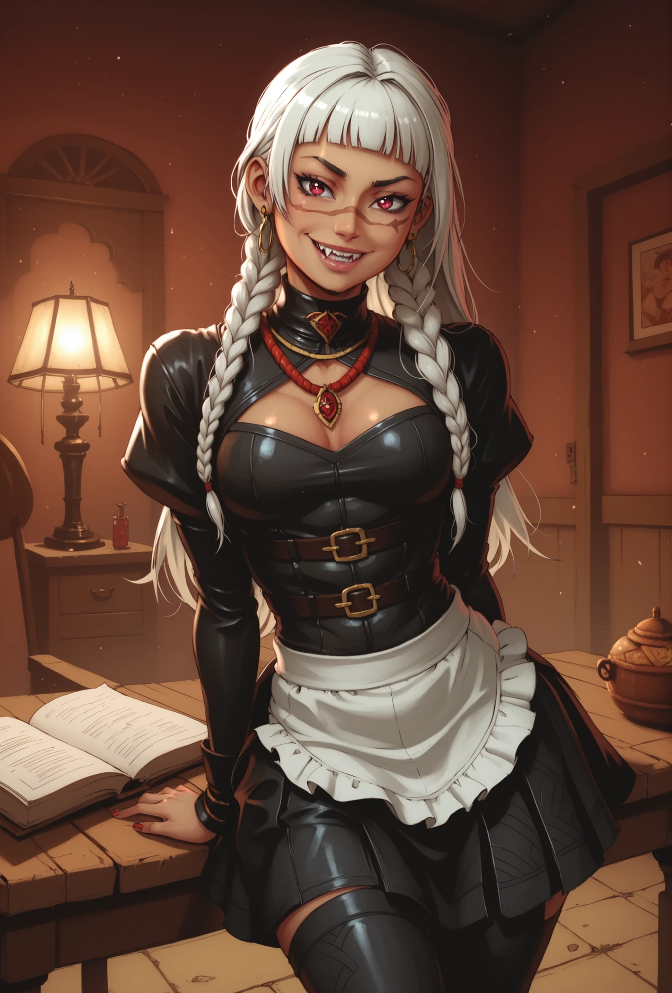 Woman looks like a mix of Elena and Juri Han from Street Fighter 6. Cute girl. Bronzefarbene Haut. She has a horizontal scar over her nose. She has sharp teeth. pointed fangs in her mouth. your body is athletic, with muscles and abs. B-Cup. Sie hat schmale, Asian and red eyes, A pretty, And young face and white braids. The Inca clothing is made from the finest leather (Schlangenhaut-Optik), and an amber necklace. atmospheric lighting. looks at the viewer. She has an innocent smile with lots of sharp teeth. Keine Tiere im Bild. Hintergrund: aztekischer Tempel, strong lineart, hdr, hdr colours, hdr colours. Sharp. HD. Fake box art.