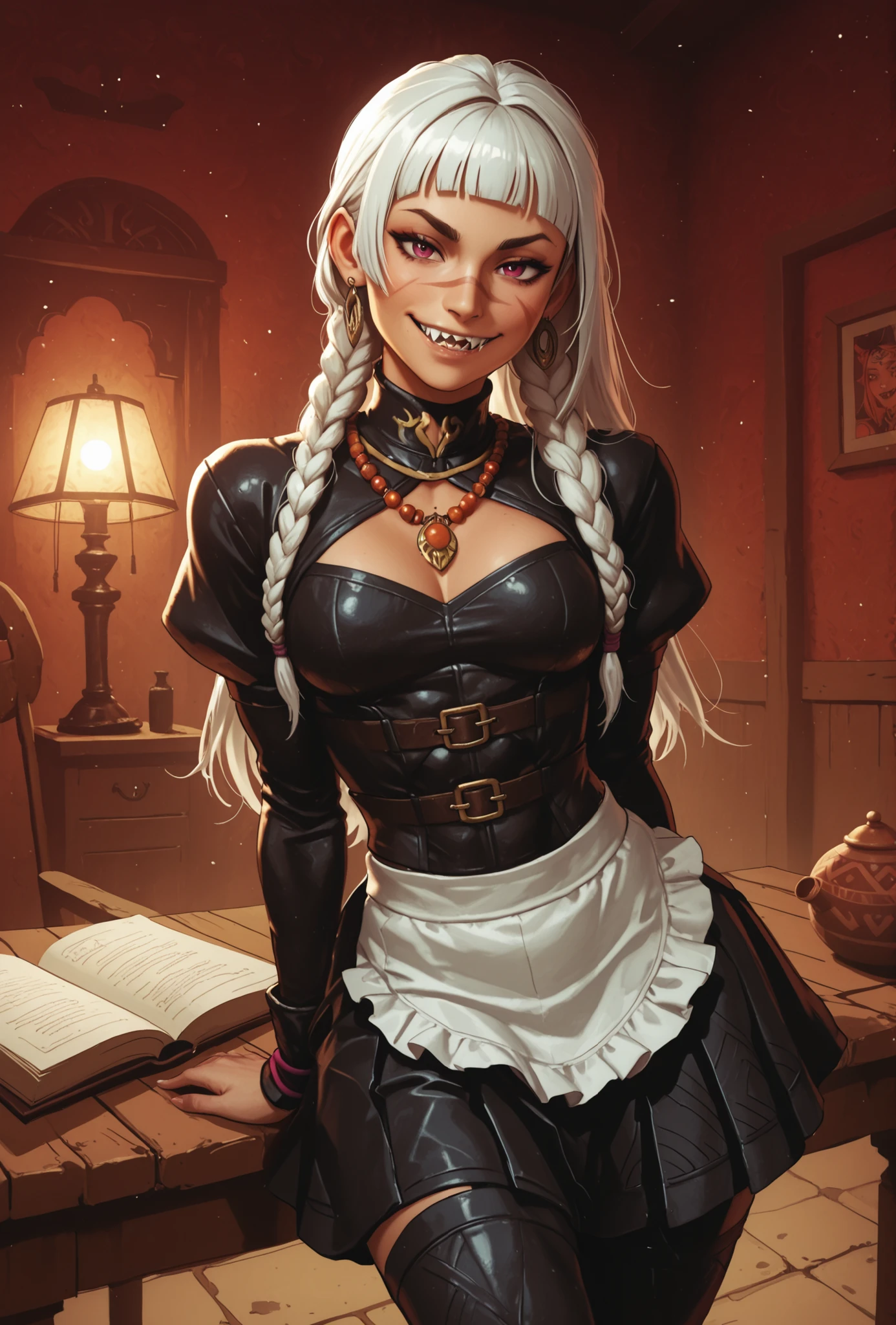 Woman looks like a mix of Elena and Juri Han from Street Fighter 6. Cute girl. Bronzefarbene Haut. She has a horizontal scar over her nose. She has sharp teeth. pointed fangs in her mouth. your body is athletic, with muscles and abs. B-Cup. Sie hat rote Augen, A pretty, And young face and white braids. The Inca clothing made from the finest snakeskin-look leather with corset with leather straps (Schlangenhaut-Optik), and an amber necklace. atmospheric lighting. looks at the viewer. She has an innocent smile with lots of sharp teeth. Keine Tiere im Bild. Hintergrund: aztekischer Tempel, strong lineart, hdr, hdr colours, hdr colours. Sharp. HD. Fake box art.