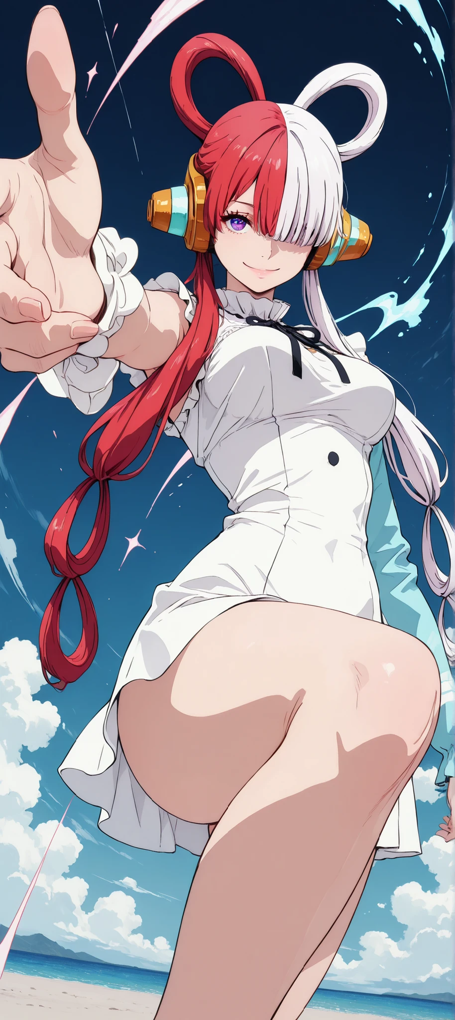 intricate details, High Quality, aesthetic, ultra detailed, (masterpiece, detailed:1.2), ((dramatic knee-length image)), Fantasy eyes, medium breasts, body fit, soft curves, uta,1girl,Alone,headphones,multicolored hair,two-tone hair,white hair,split-color hair,hair rings,long hair, smile,hair over one eye,looking at viewer,ribbon, ((dynamic pose)), ((dynamic angle)),looking at the viewer, view from the front,